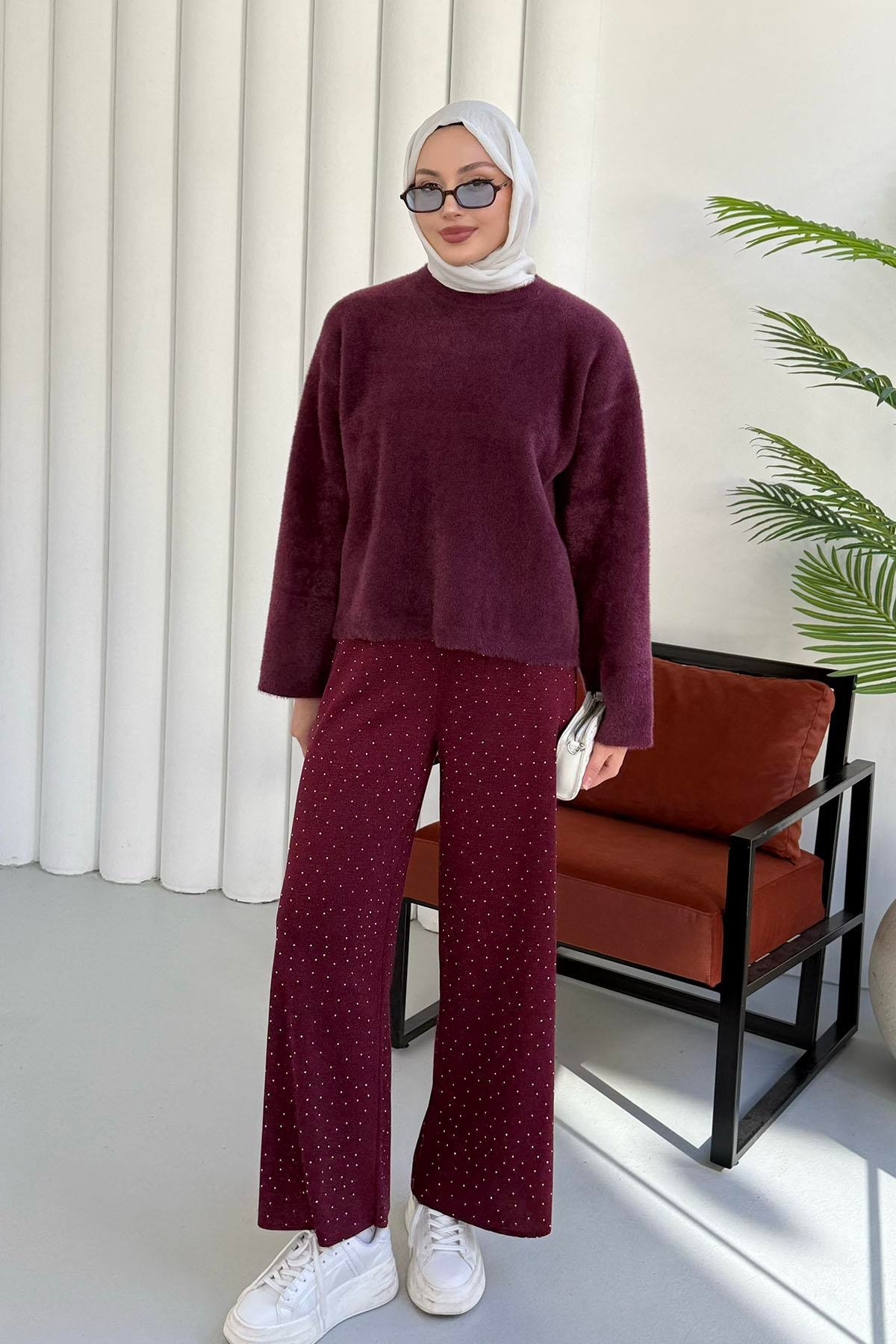 Bisiklet Yaka Yumuşak Dokulu Triko Kazak-MÜRDÜM