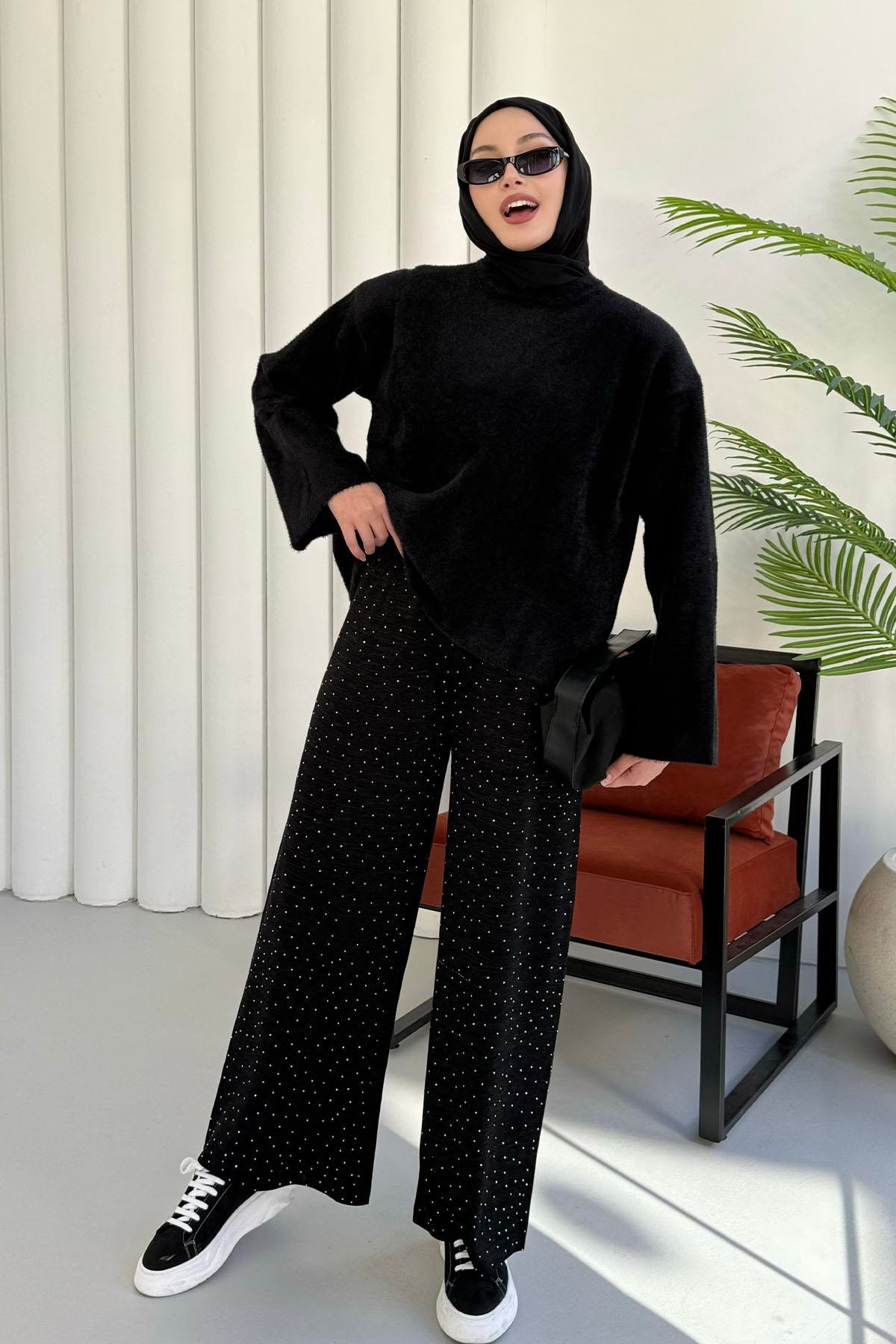 Bisiklet Yaka Yumuşak Dokulu Triko Kazak-SİYAH