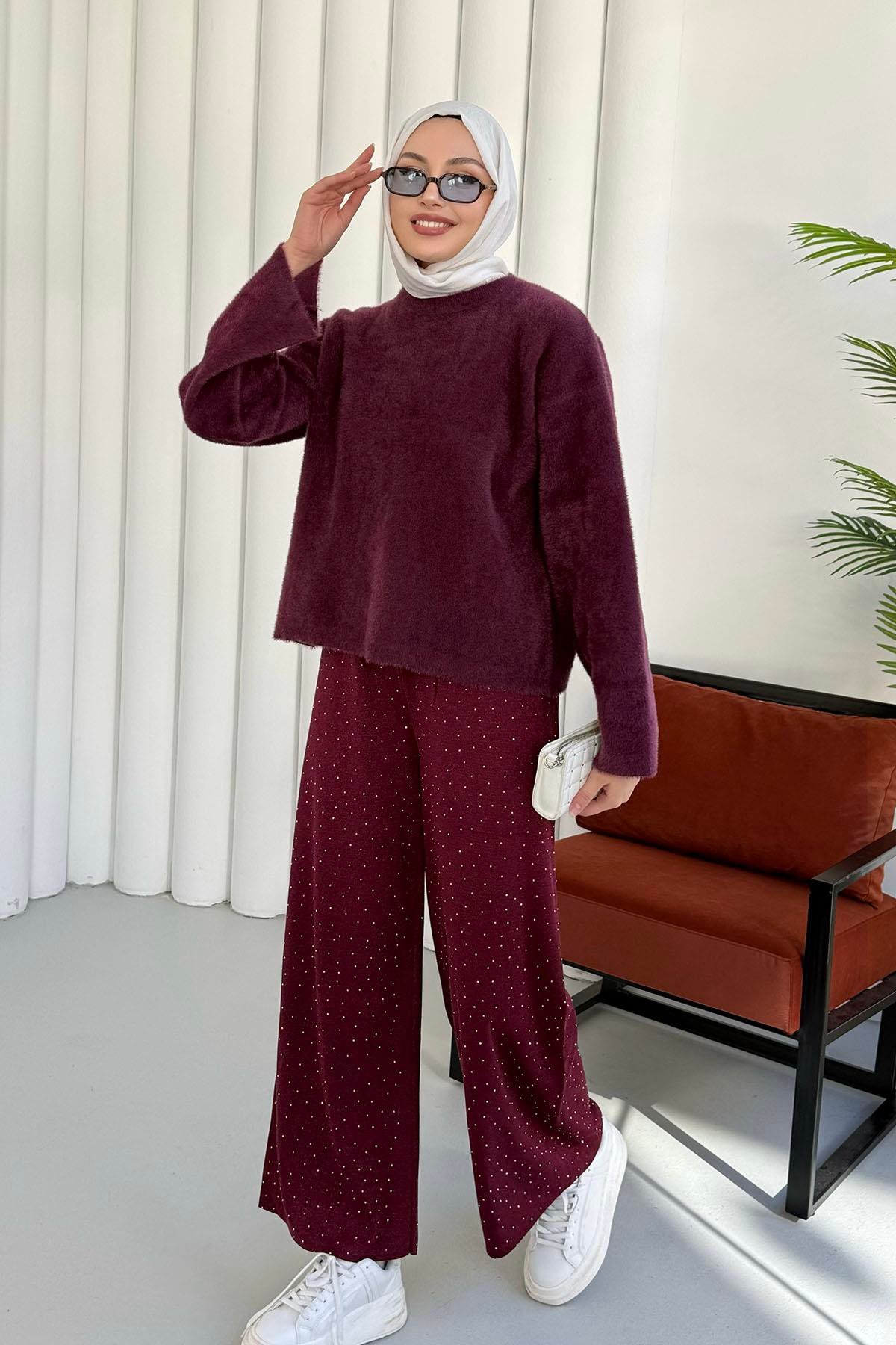 Bisiklet Yaka Yumuşak Dokulu Triko Kazak-MÜRDÜM