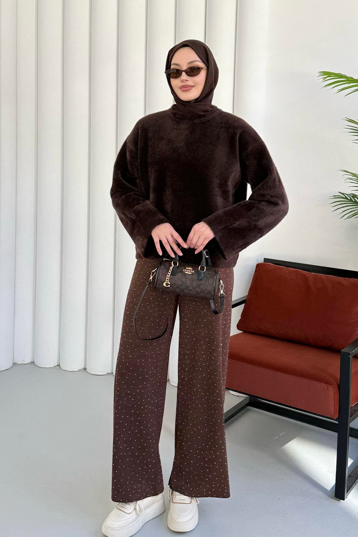 Bisiklet Yaka Yumuşak Dokulu Triko Kazak-ACI KAHVE