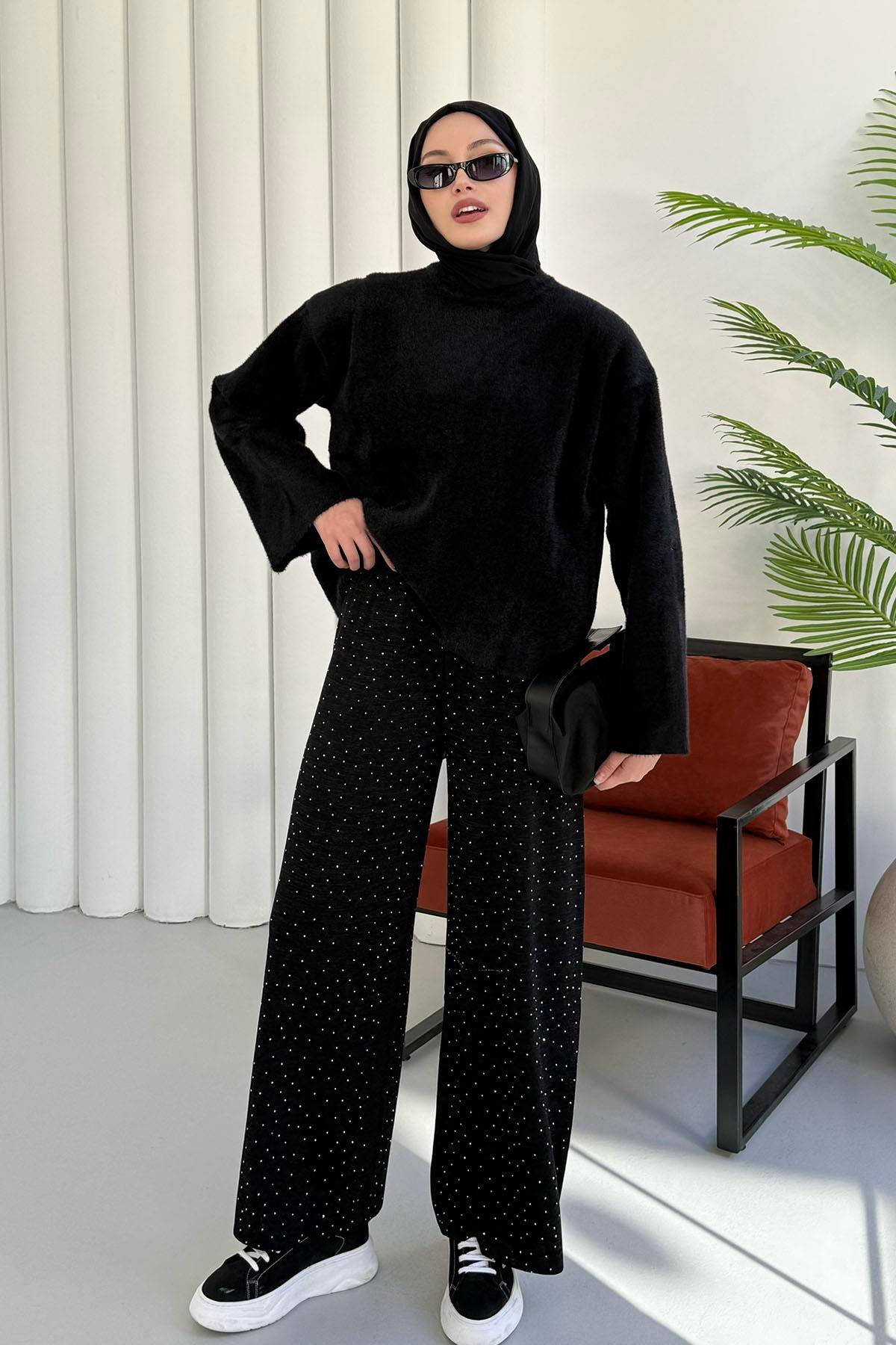 Bisiklet Yaka Yumuşak Dokulu Triko Kazak-SİYAH