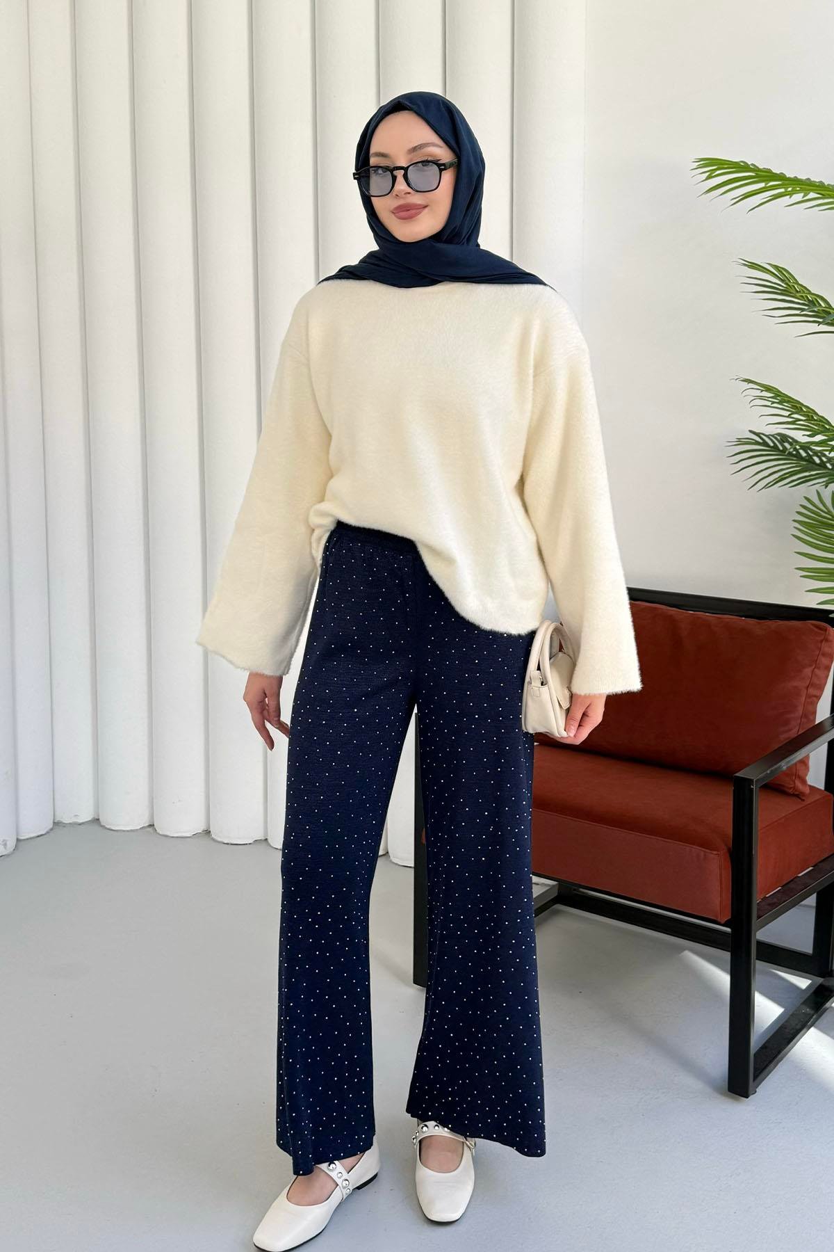 Bisiklet Yaka Yumuşak Dokulu Triko Kazak-EKRU