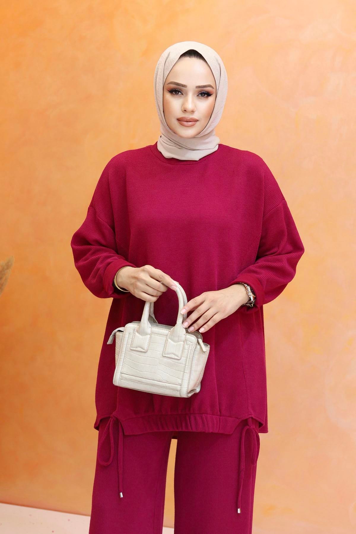 Biye Detaylı Pantolonlu Tesettür Takım-FUŞYA