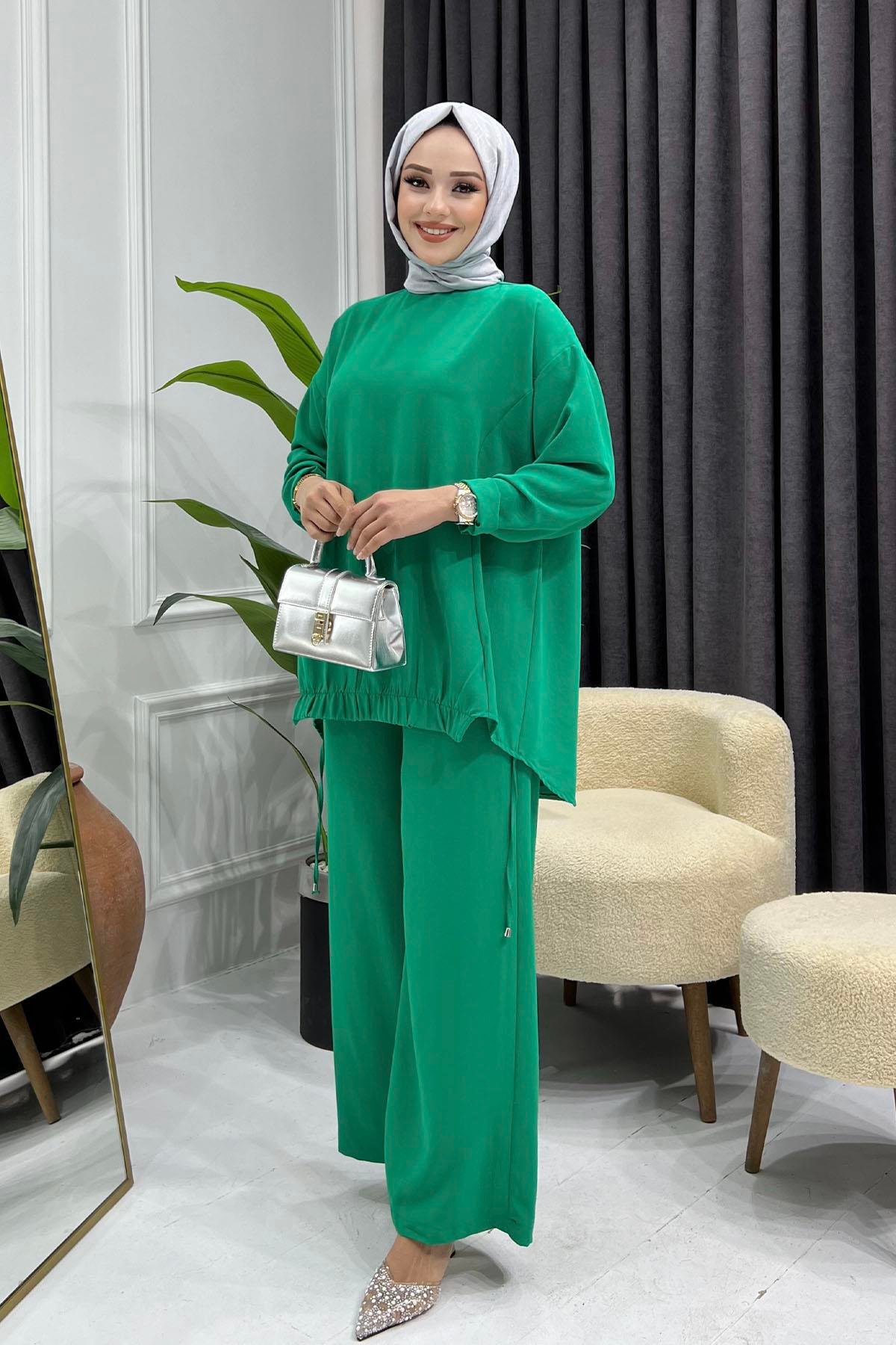 Biye Detaylı Pantolonlu Tesettür Takım-BENETTON YEŞİLİ
