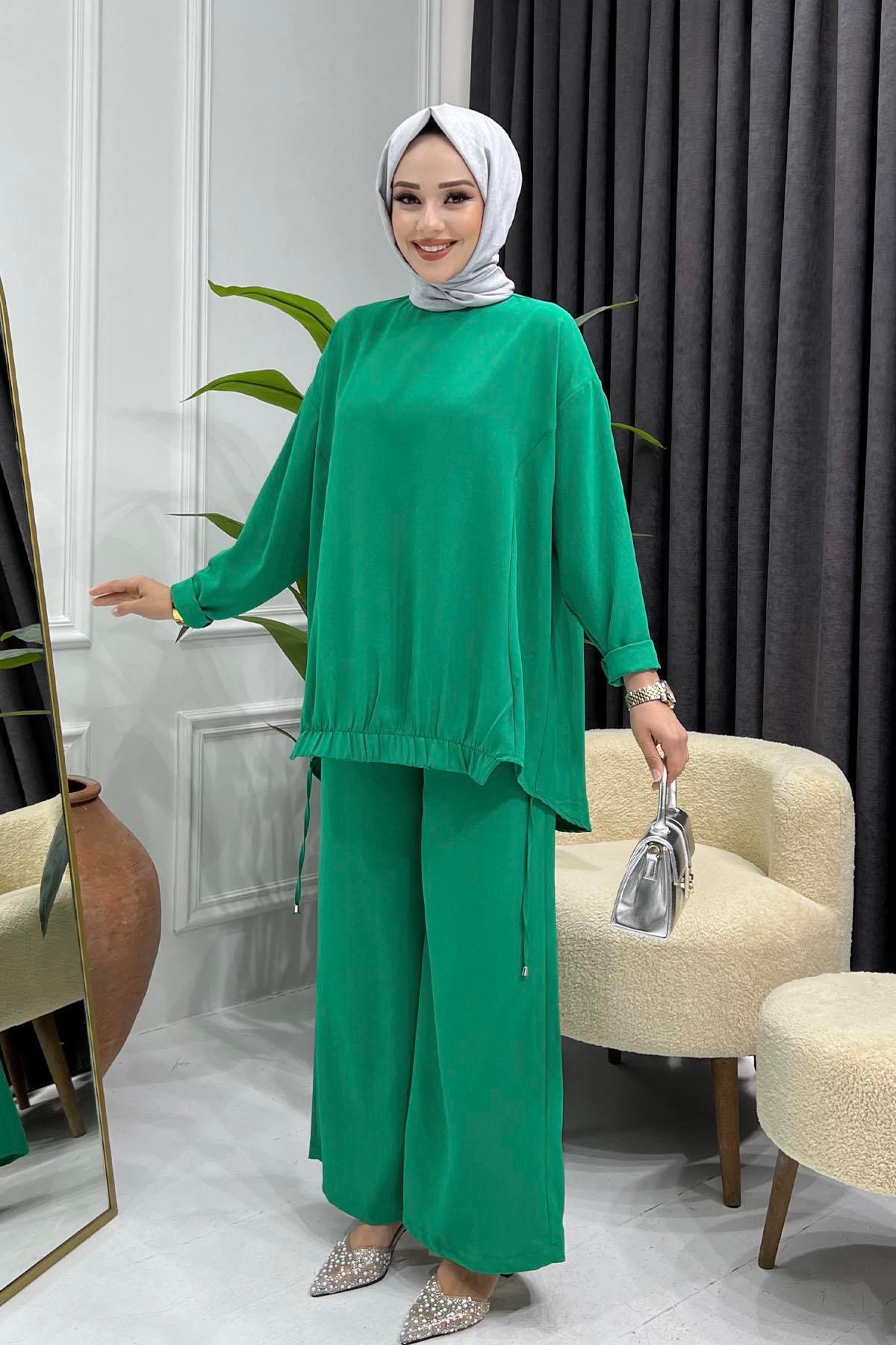 Biye Detaylı Pantolonlu Tesettür Takım-BENETTON YEŞİLİ