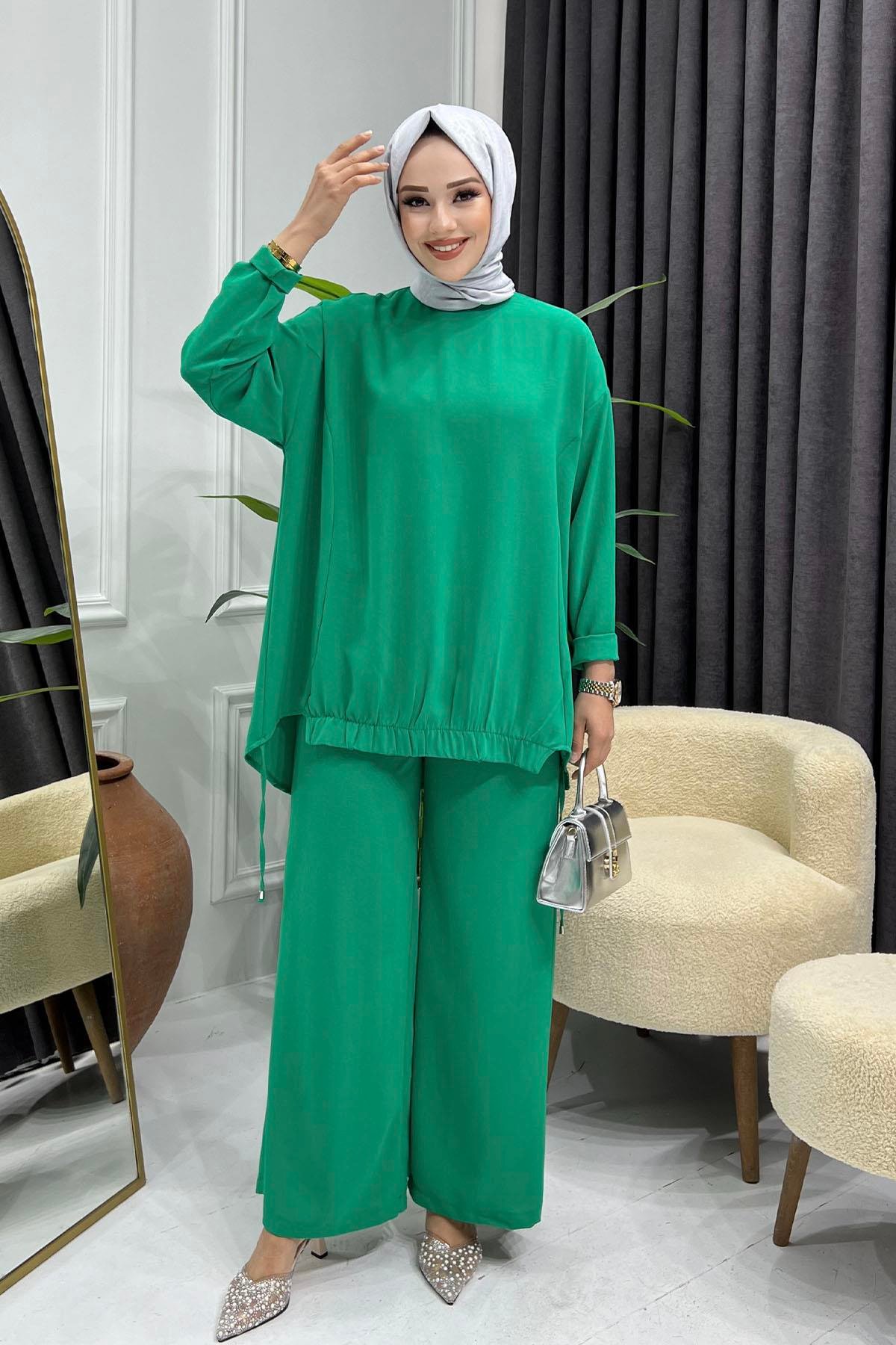 Biye Detaylı Pantolonlu Tesettür Takım-BENETTON YEŞİLİ