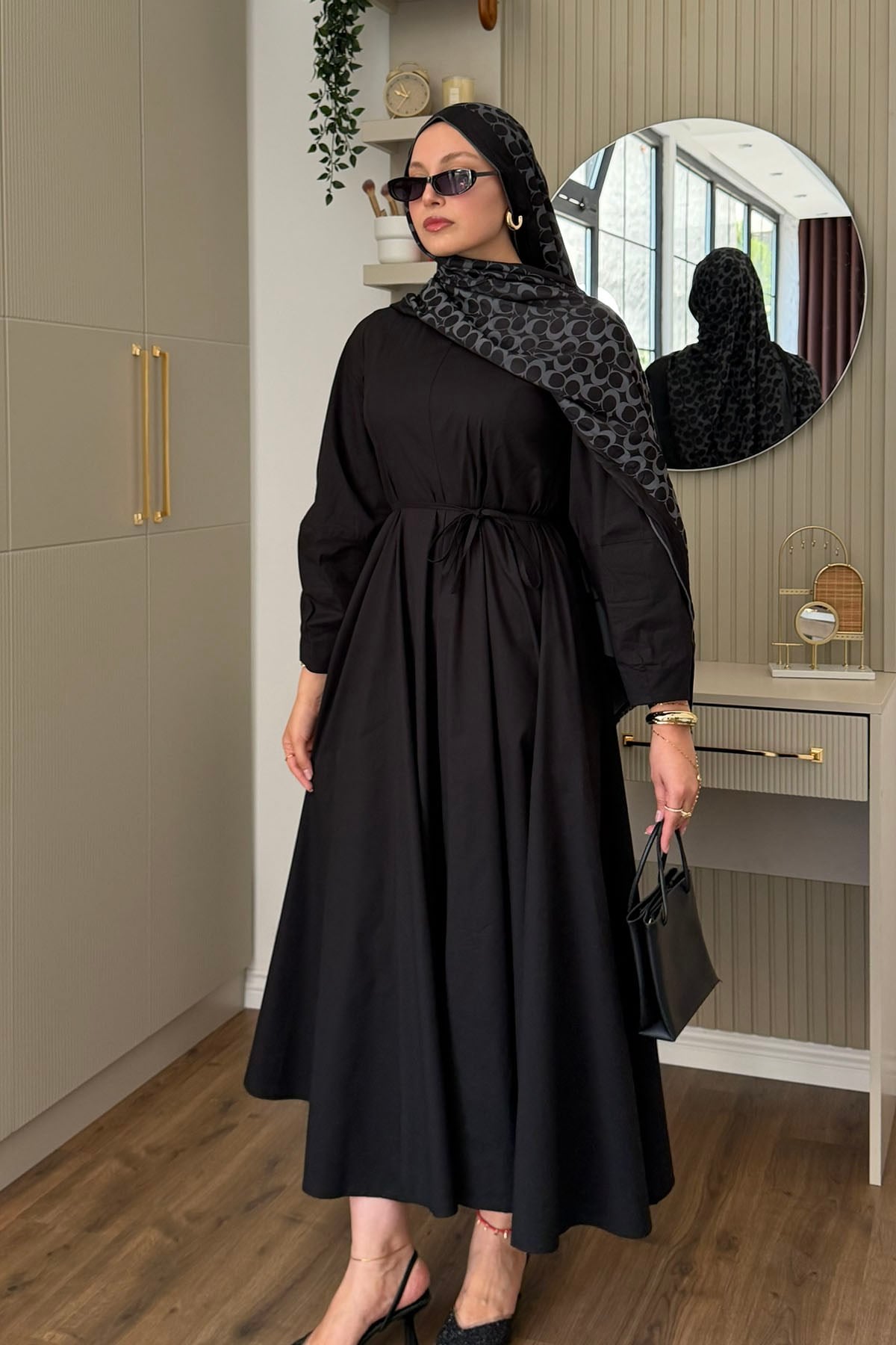 Biye Kemer Detaylı Poplin Mevlana Tesettür Elbise-SİYAH