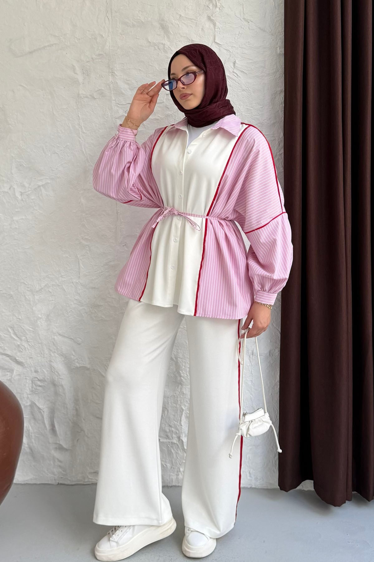 Biye Kemerli Çizgili Gömlek Detaylı Pantolonlu Tesettür Takım-PEMBE