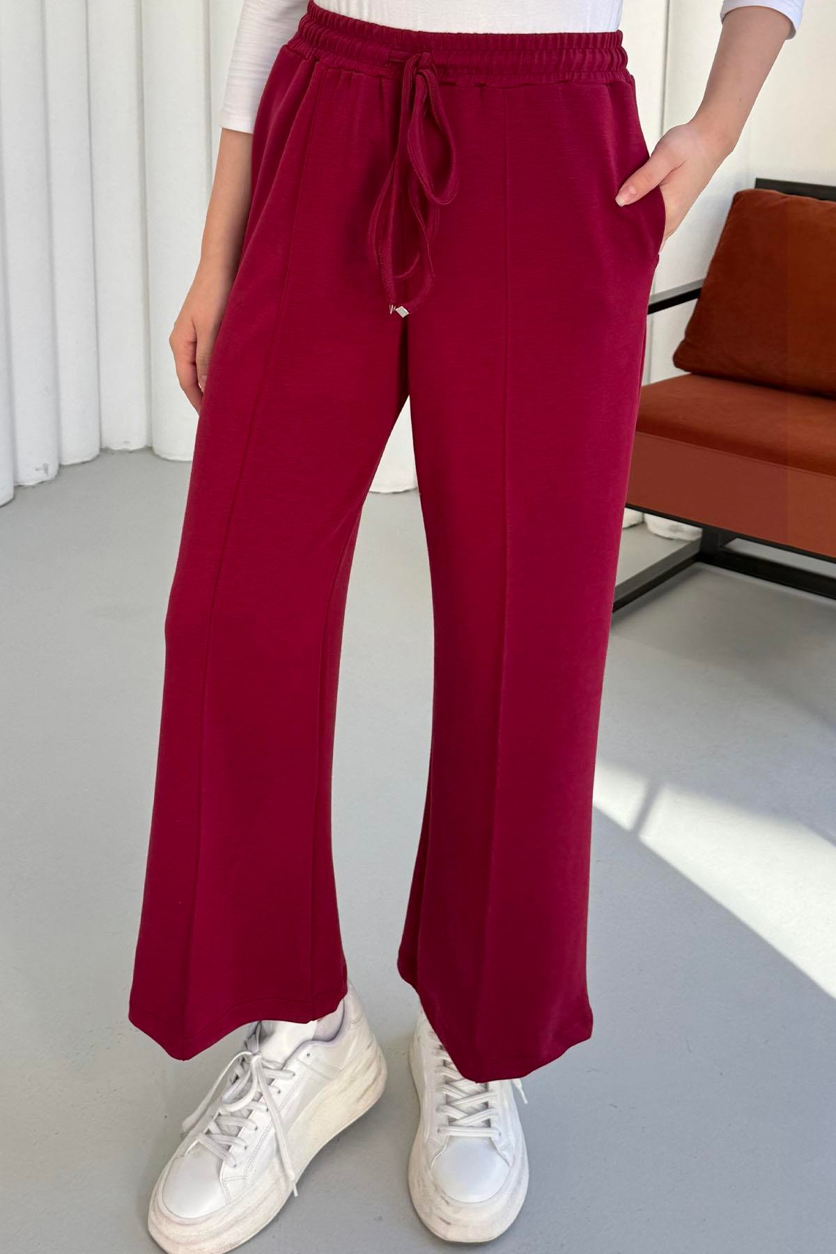 Biyeli Bol Paça Oysho Kumaş Pantolon-BORDO