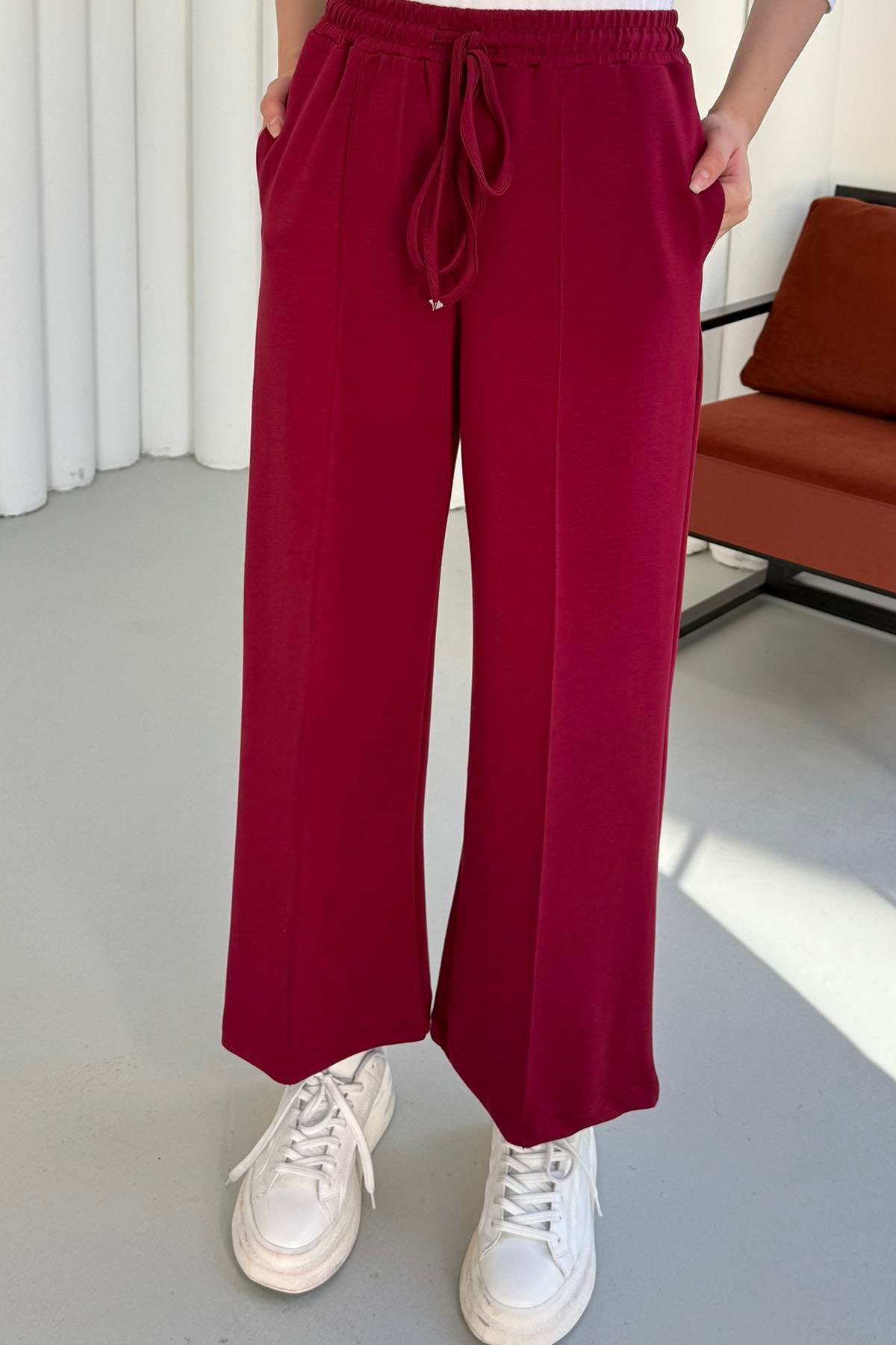 Biyeli Bol Paça Oysho Kumaş Pantolon-BORDO