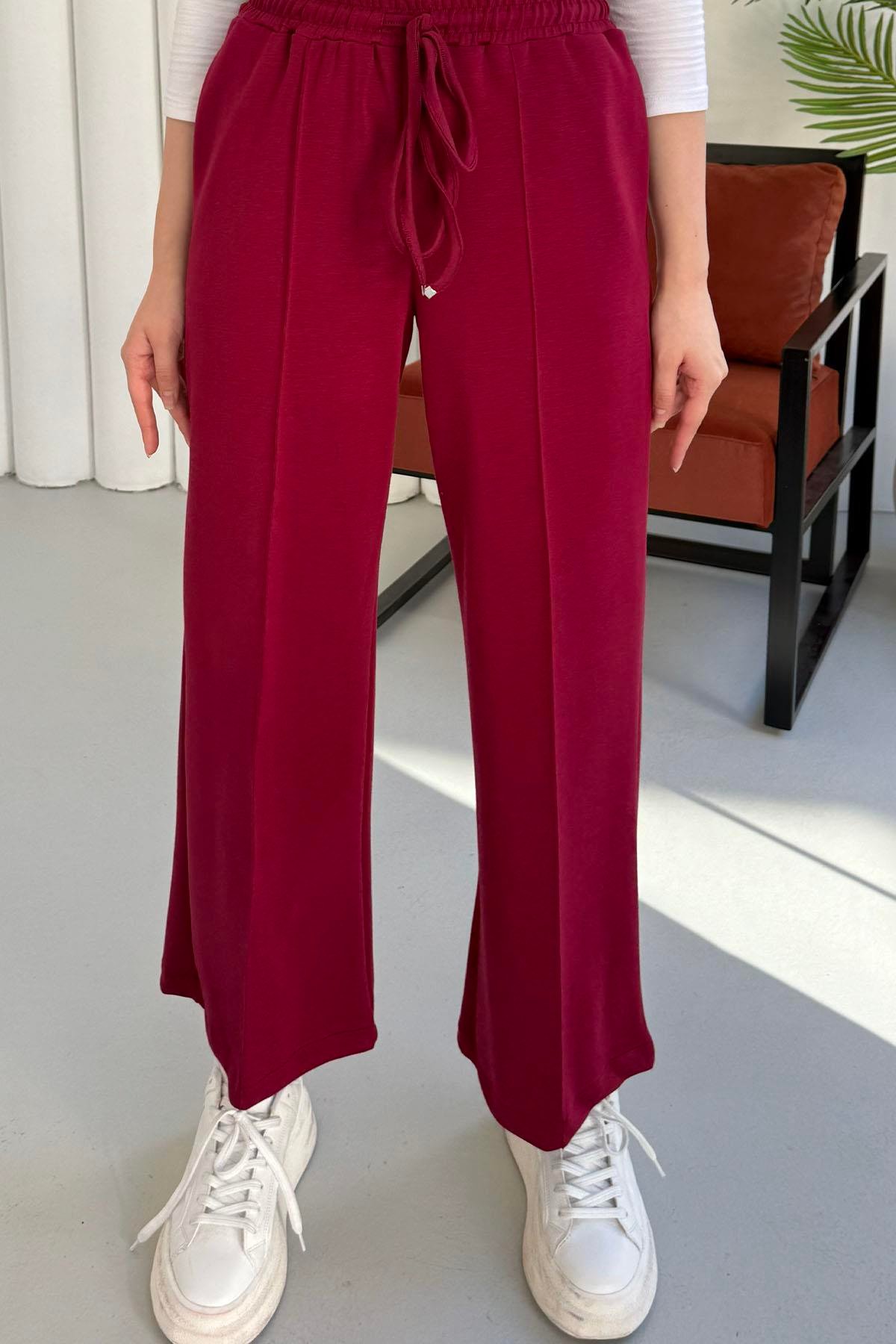 Biyeli Bol Paça Oysho Kumaş Pantolon-BORDO