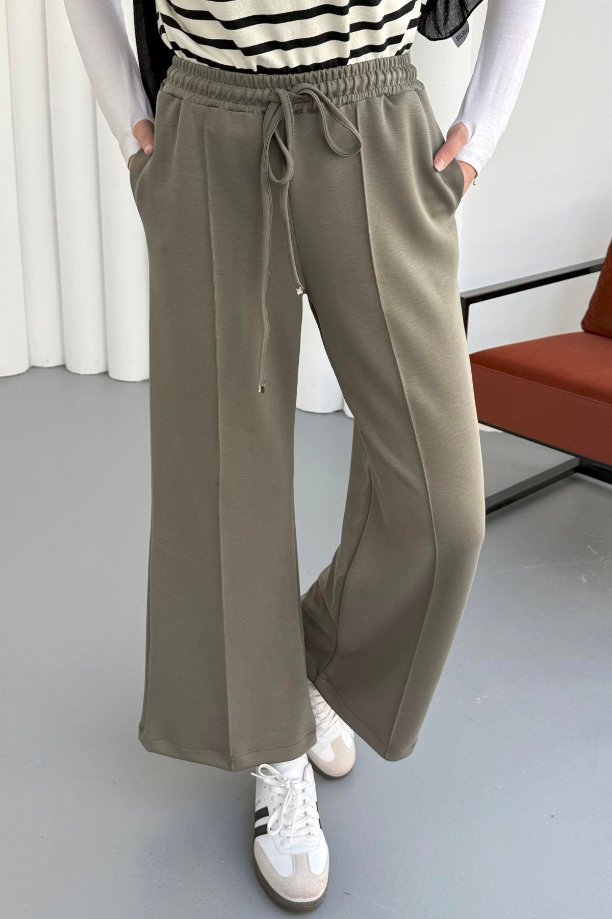 Biyeli Bol Paça Oysho Kumaş Pantolon-HAKİ YEŞİL