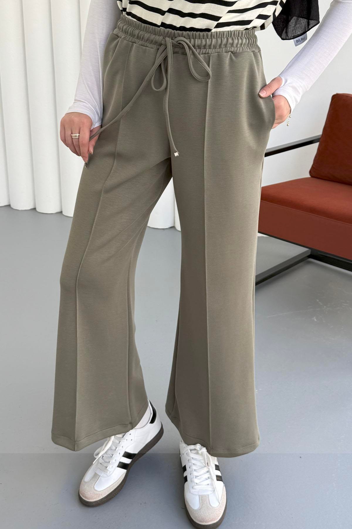 Biyeli Bol Paça Oysho Kumaş Pantolon-HAKİ YEŞİL