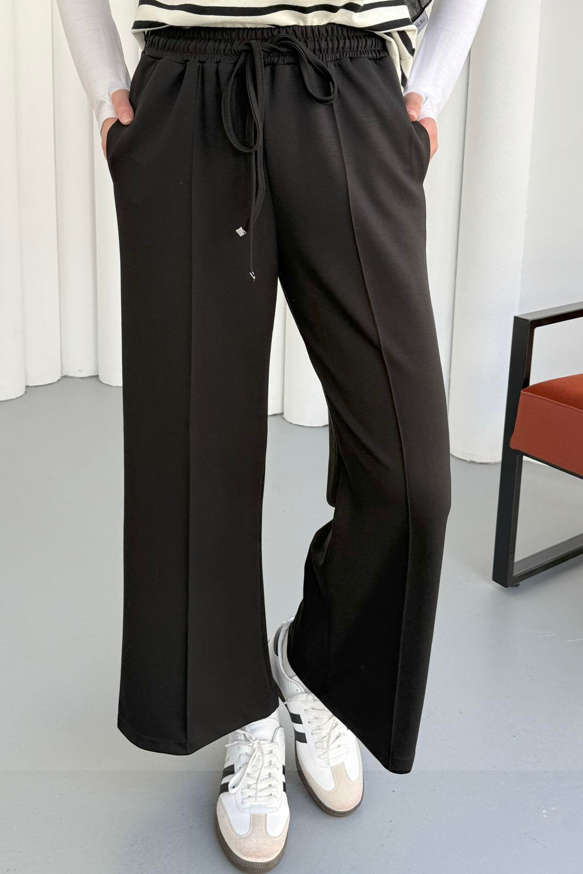 Biyeli Bol Paça Oysho Kumaş Pantolon-SİYAH