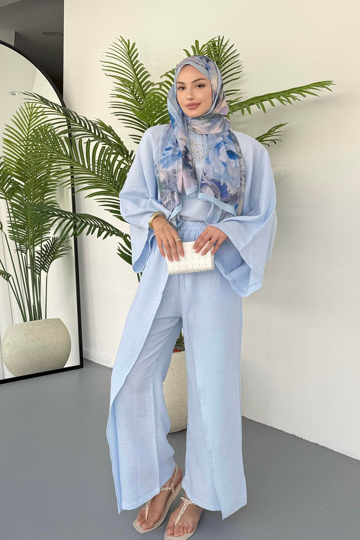 Bluzu Yarasa Kol Detaylı Pantolonlu Tesettür Takım-MAVİ