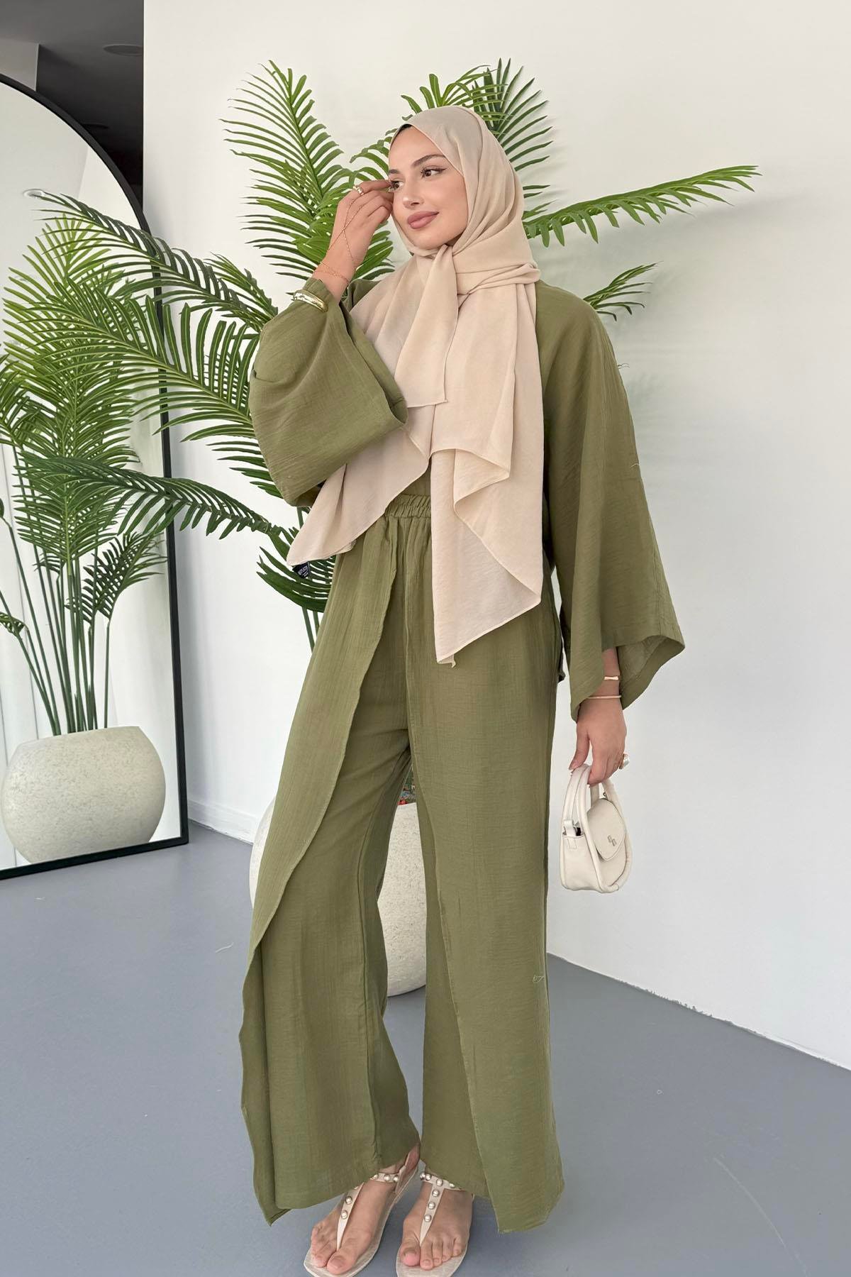 Bluzu Yarasa Kol Detaylı Pantolonlu Tesettür Takım-HAKİ YEŞİL