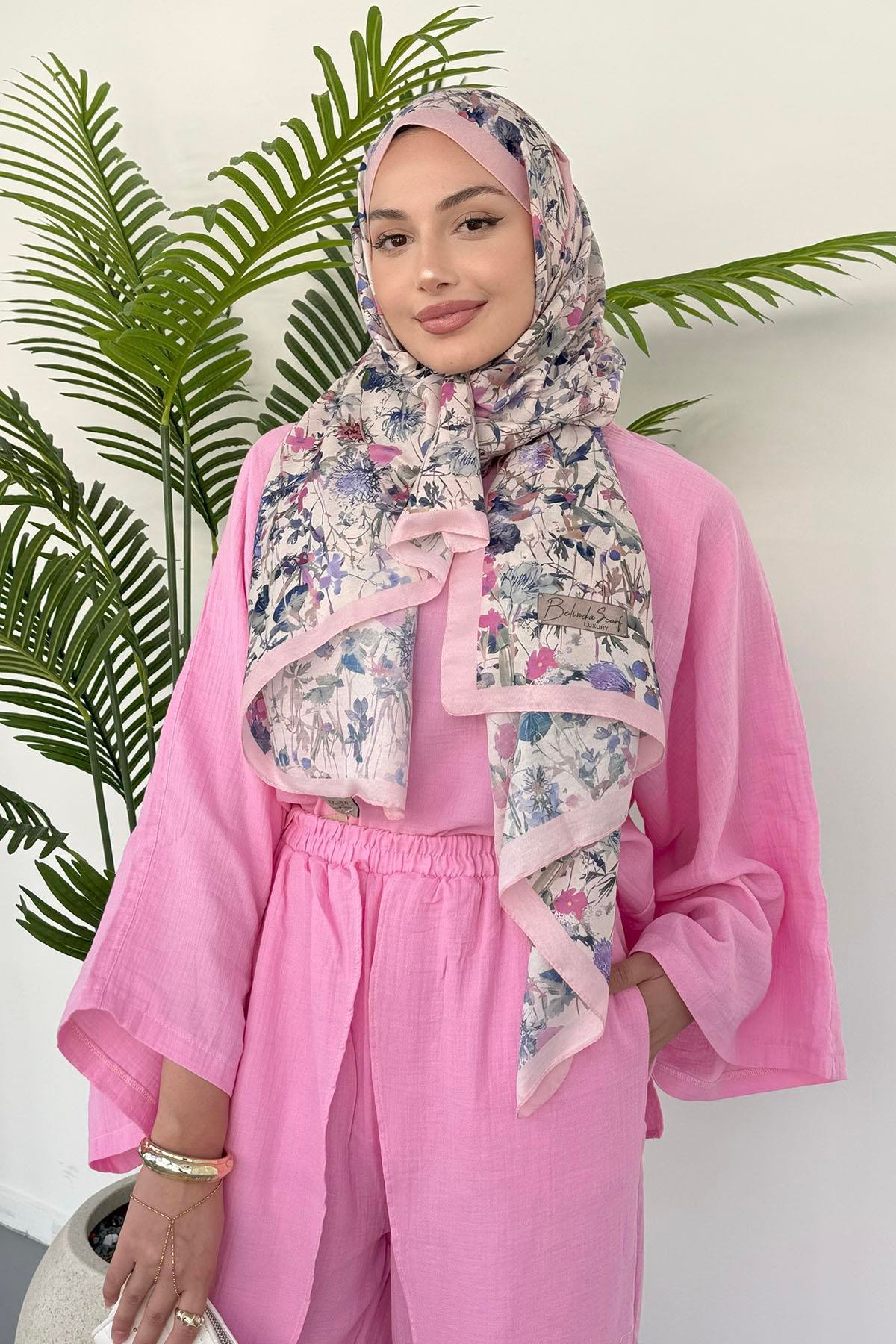 Bluzu Yarasa Kol Detaylı Pantolonlu Tesettür Takım-PEMBE