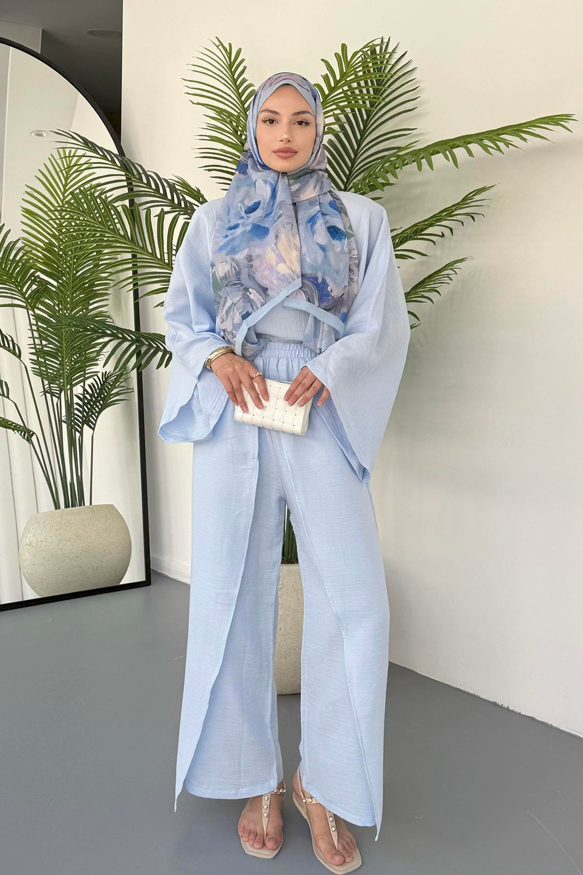 Bluzu Yarasa Kol Detaylı Pantolonlu Tesettür Takım-MAVİ