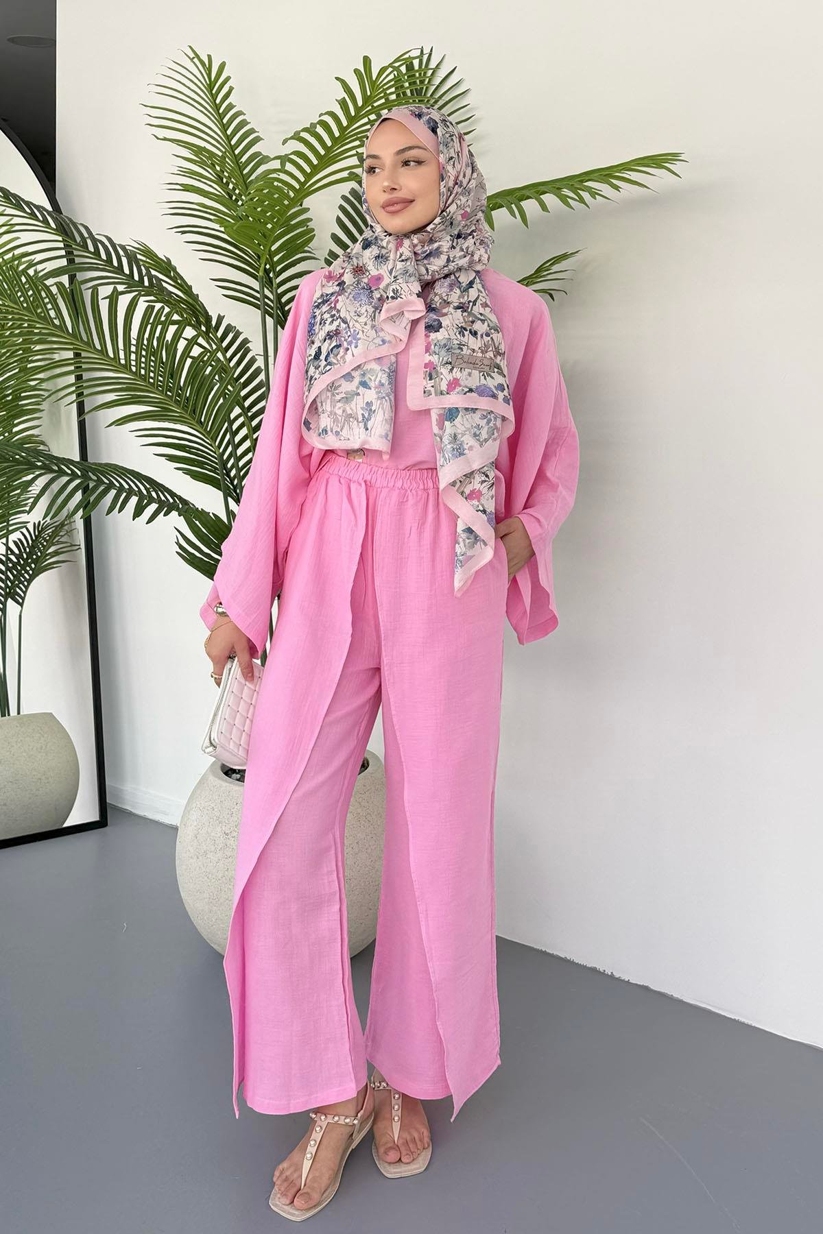 Bluzu Yarasa Kol Detaylı Pantolonlu Tesettür Takım-PEMBE