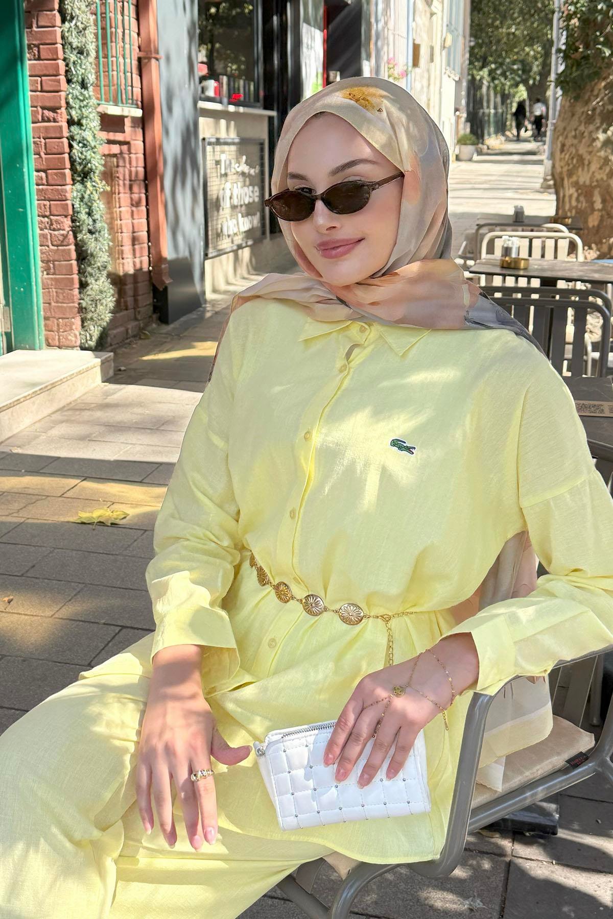 Bol Paça Gömlekli Pantolon Tesettür Takım-SARI