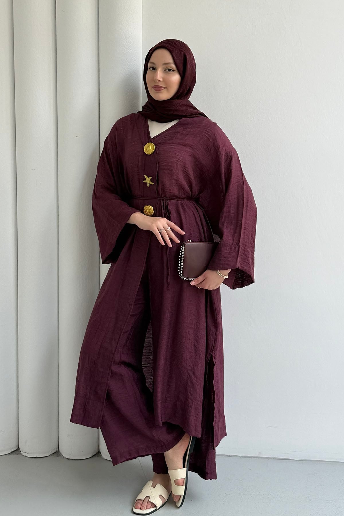 Boydan Düğmeli Broş Detaylı Pantolon Tesettür Takım-BORDO