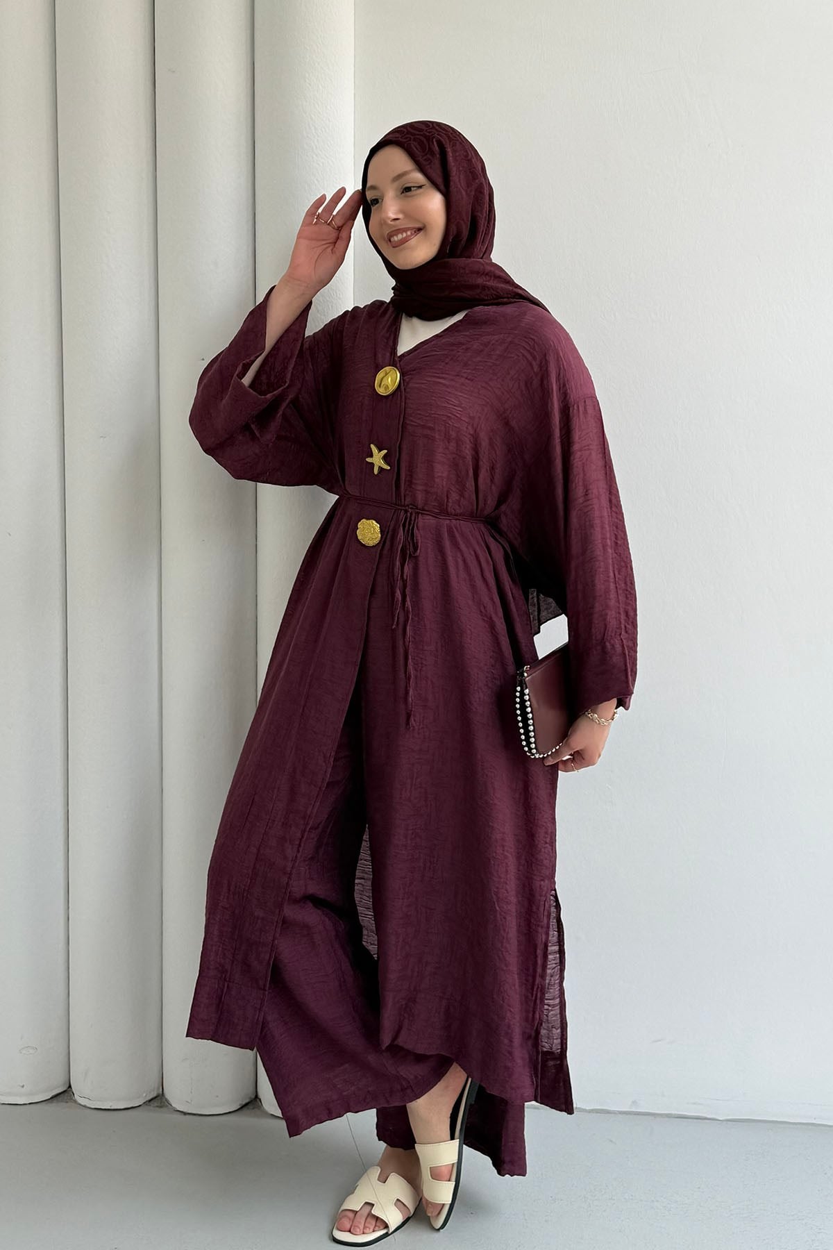 Boydan Düğmeli Broş Detaylı Pantolon Tesettür Takım-BORDO