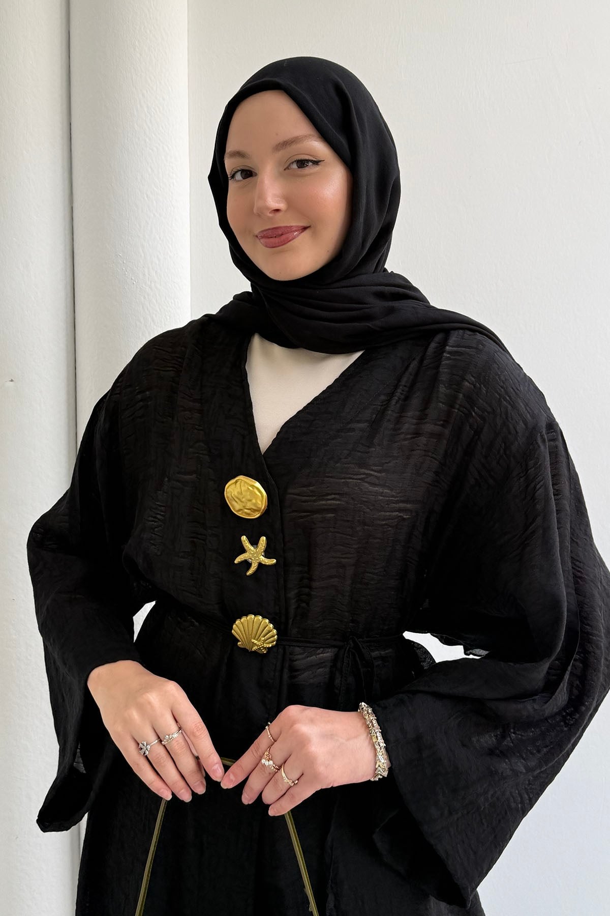 Boydan Düğmeli Broş Detaylı Pantolon Tesettür Takım-SİYAH