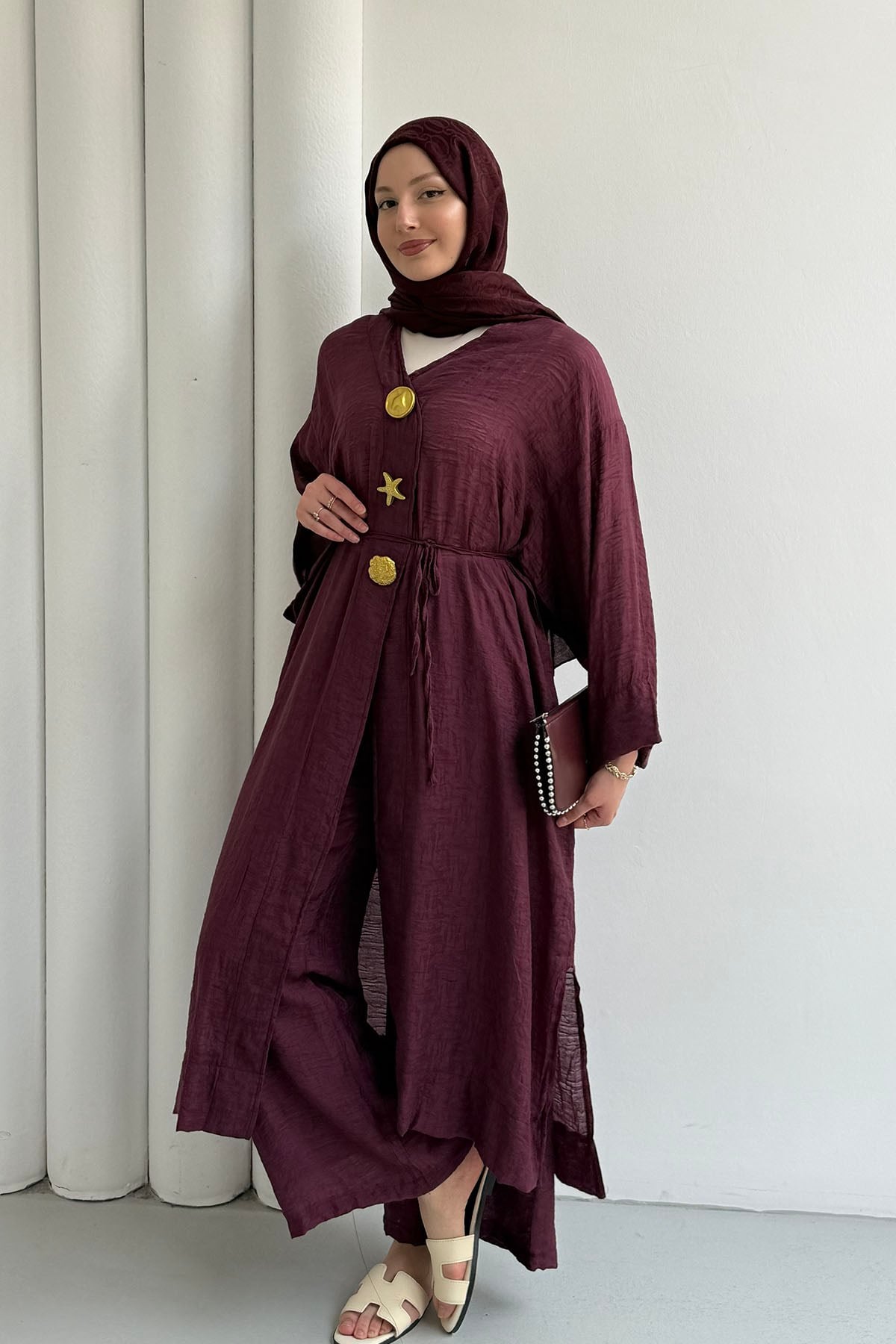 Boydan Düğmeli Broş Detaylı Pantolon Tesettür Takım-BORDO