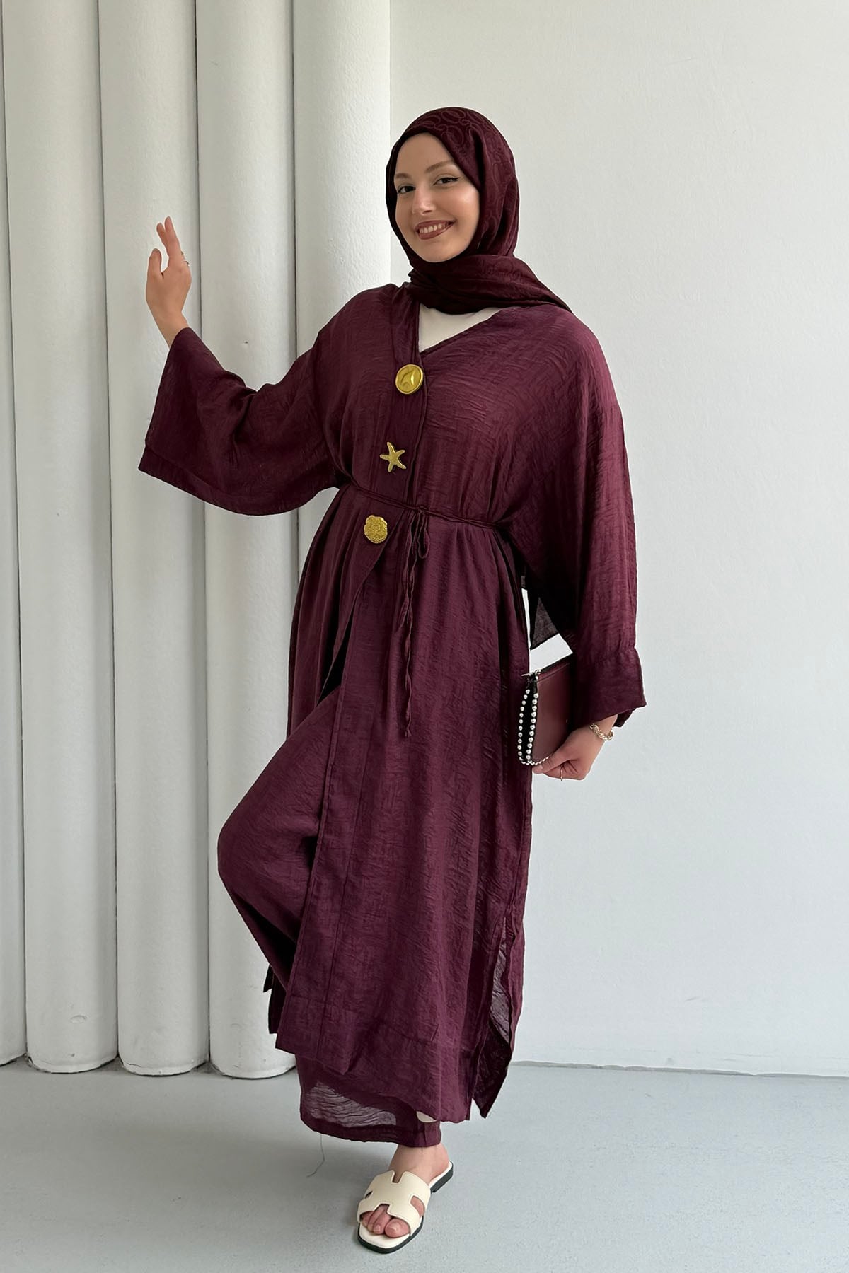 Boydan Düğmeli Broş Detaylı Pantolon Tesettür Takım-BORDO