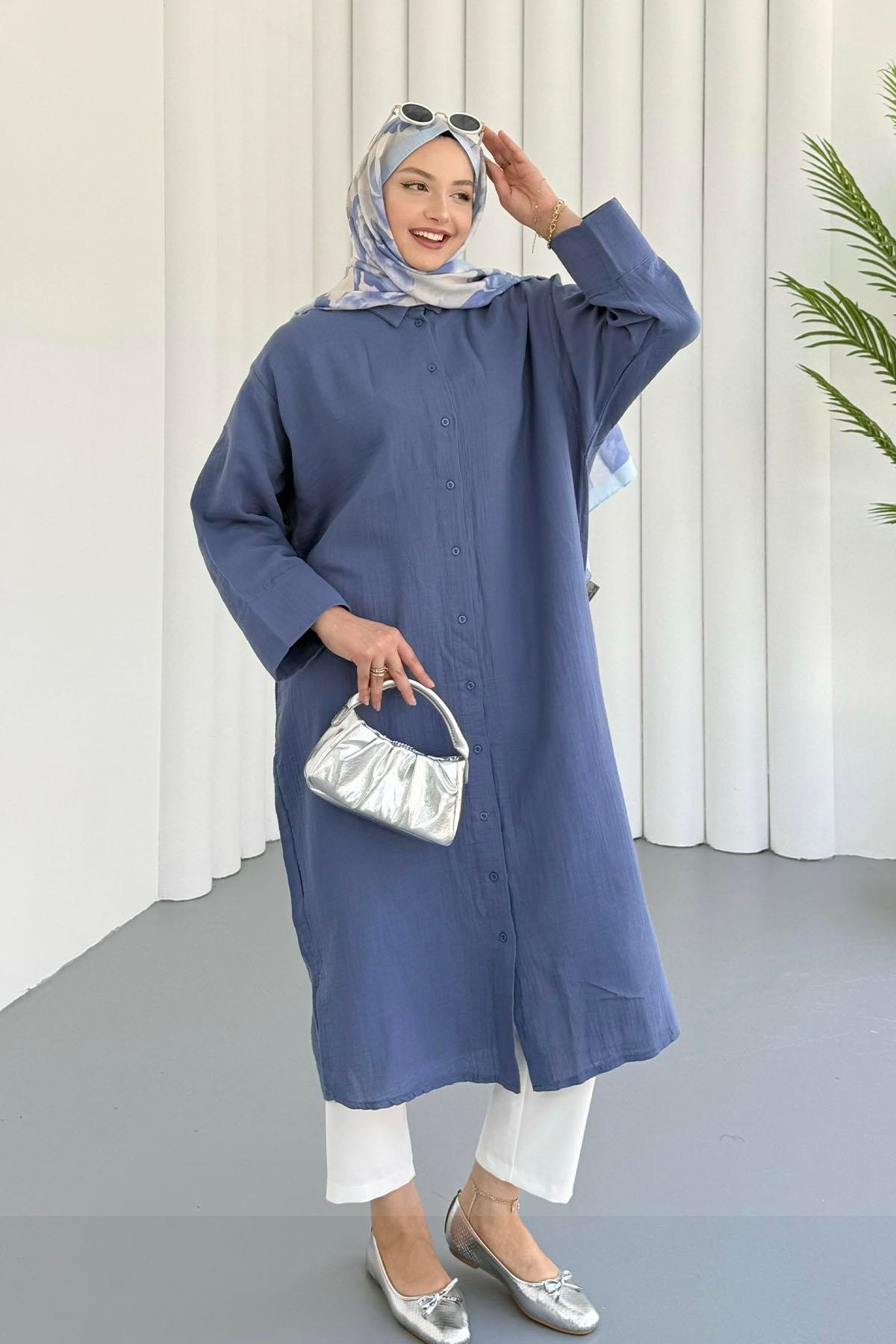 Boydan Düğmeli Geniş Kesim Araboy Tunik-İNDİGO