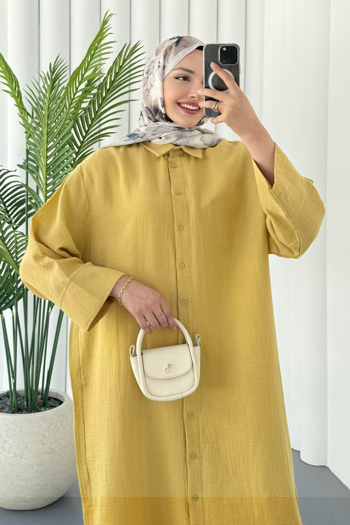 Boydan Düğmeli Geniş Kesim Araboy Tunik-OLİVE