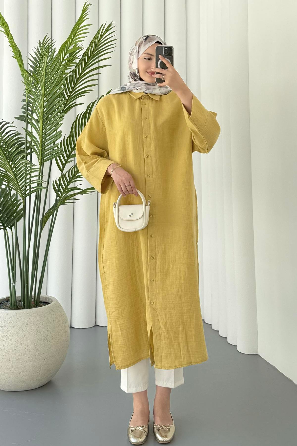 Boydan Düğmeli Geniş Kesim Araboy Tunik-OLİVE