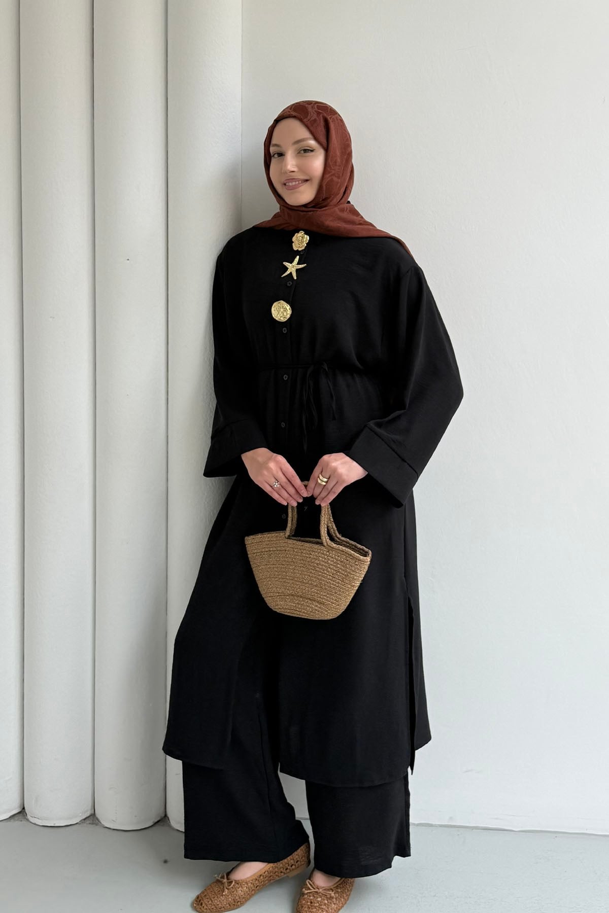 Boydan Düğmeli Tunik Pantolon Tesettür Takım-SİYAH