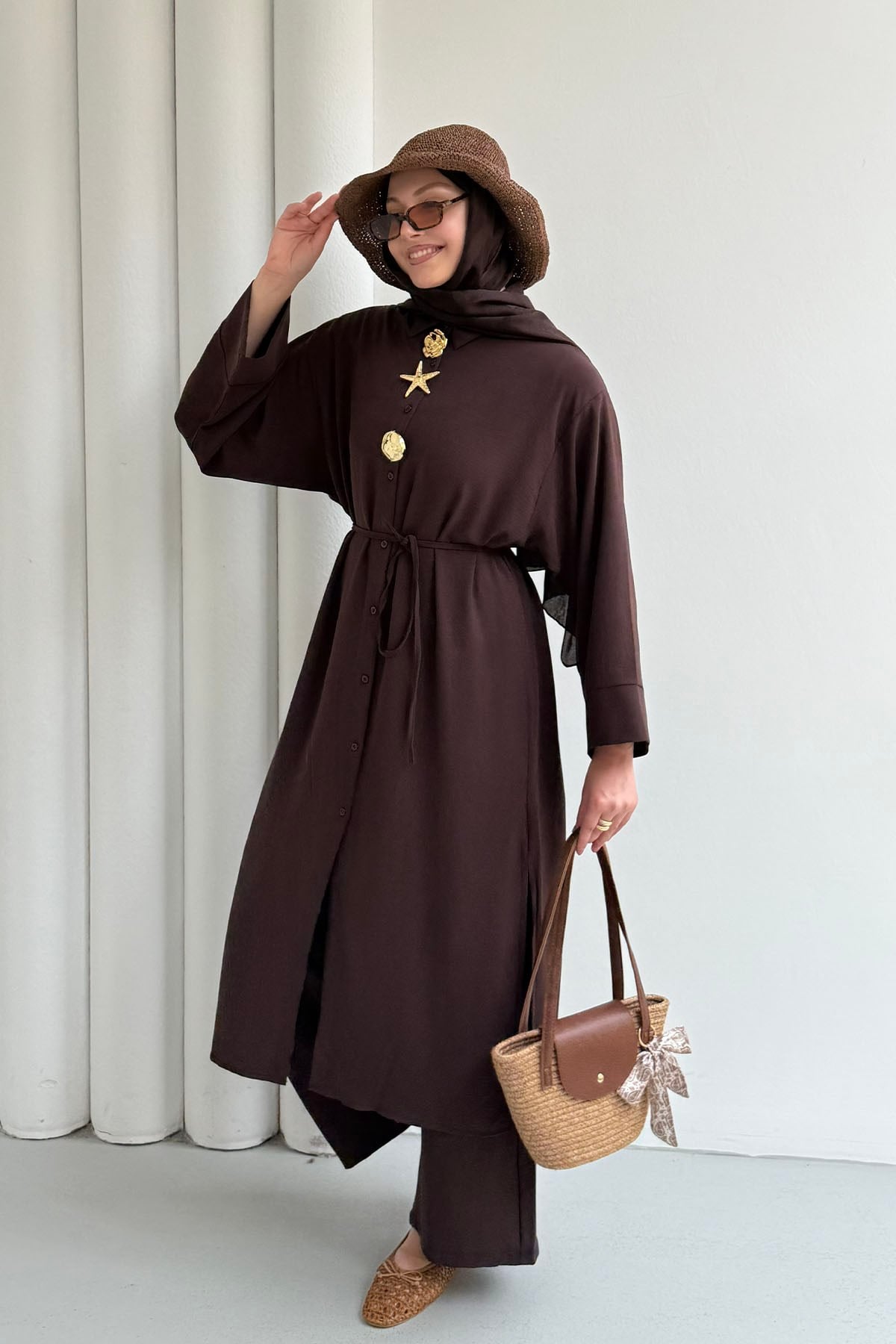 Boydan Düğmeli Tunik Pantolon Tesettür Takım-KAHVERENGİ