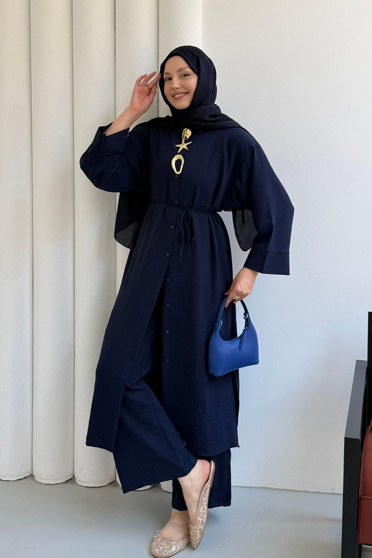 Boydan Düğmeli Tunik Pantolon Tesettür Takım-LACİVERT