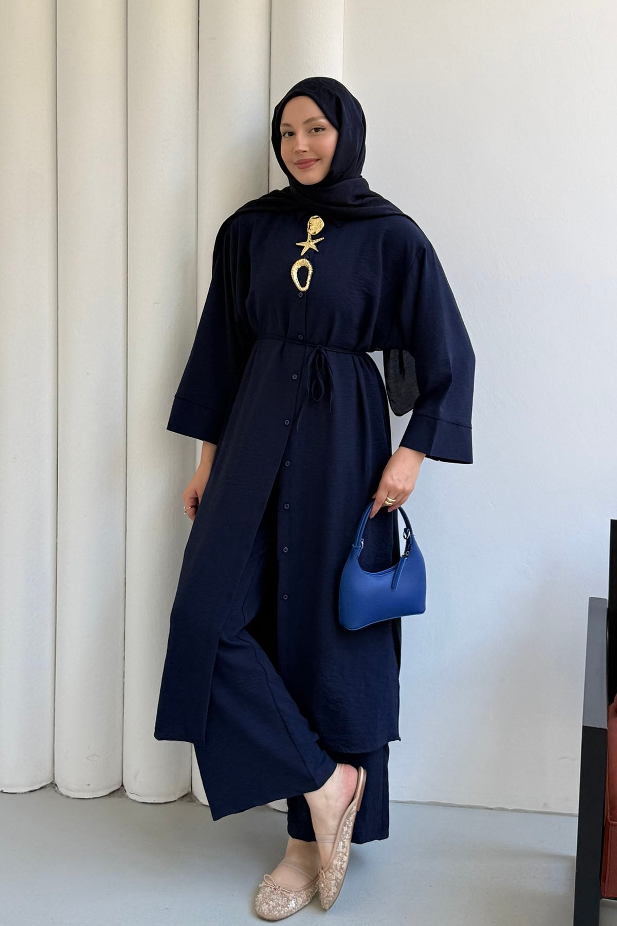 Boydan Düğmeli Tunik Pantolon Tesettür Takım-LACİVERT
