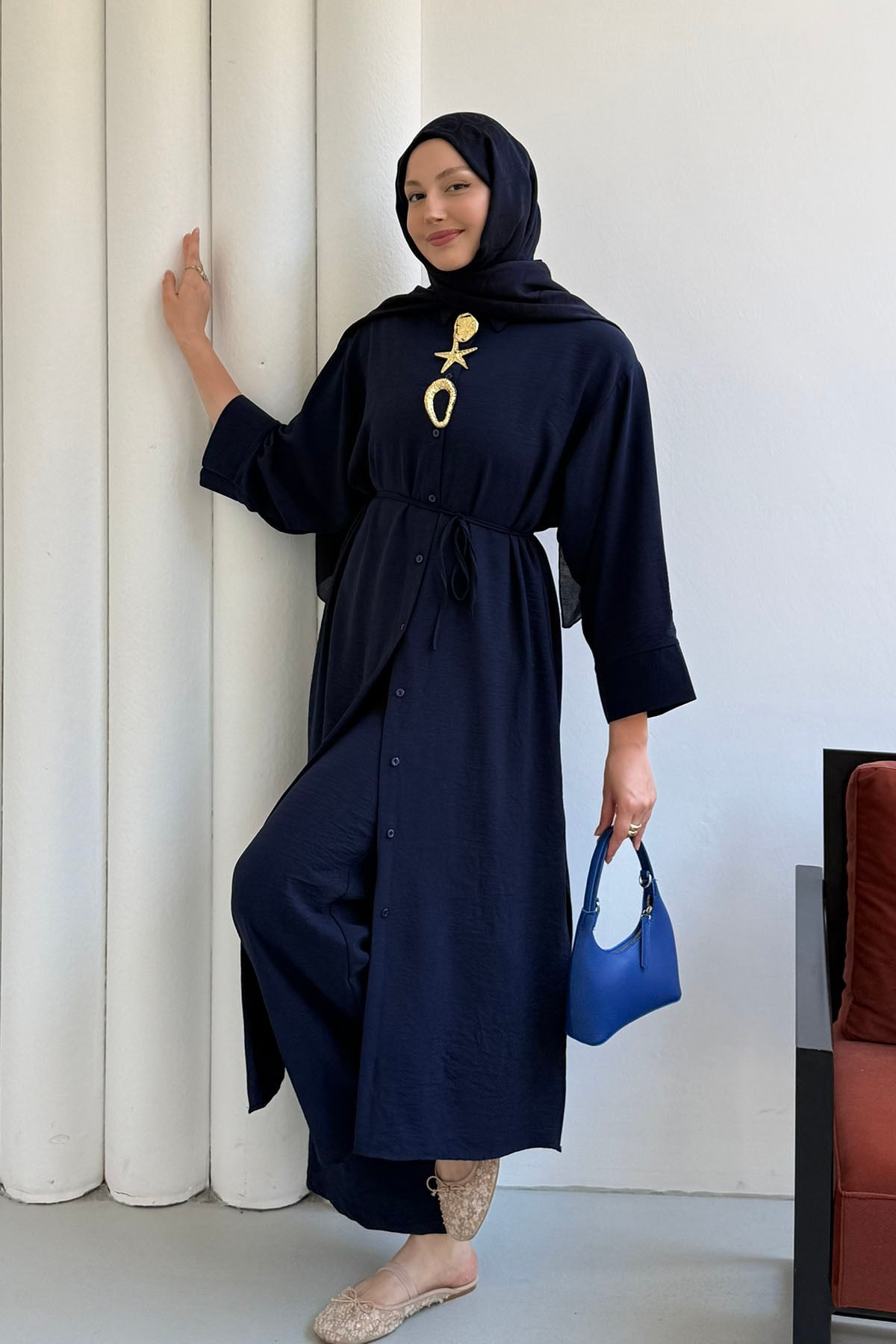 Boydan Düğmeli Tunik Pantolon Tesettür Takım-LACİVERT