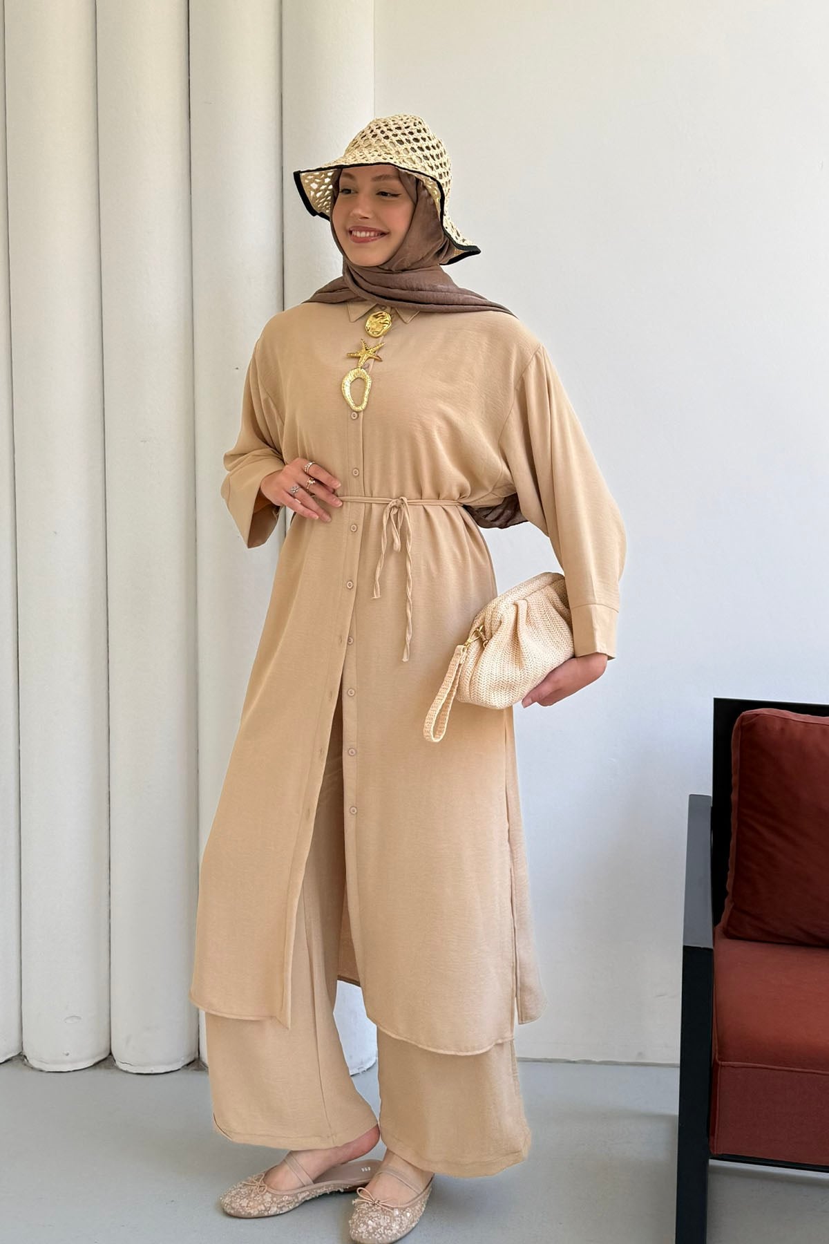 Boydan Düğmeli Tunik Pantolon Tesettür Takım-BEJ