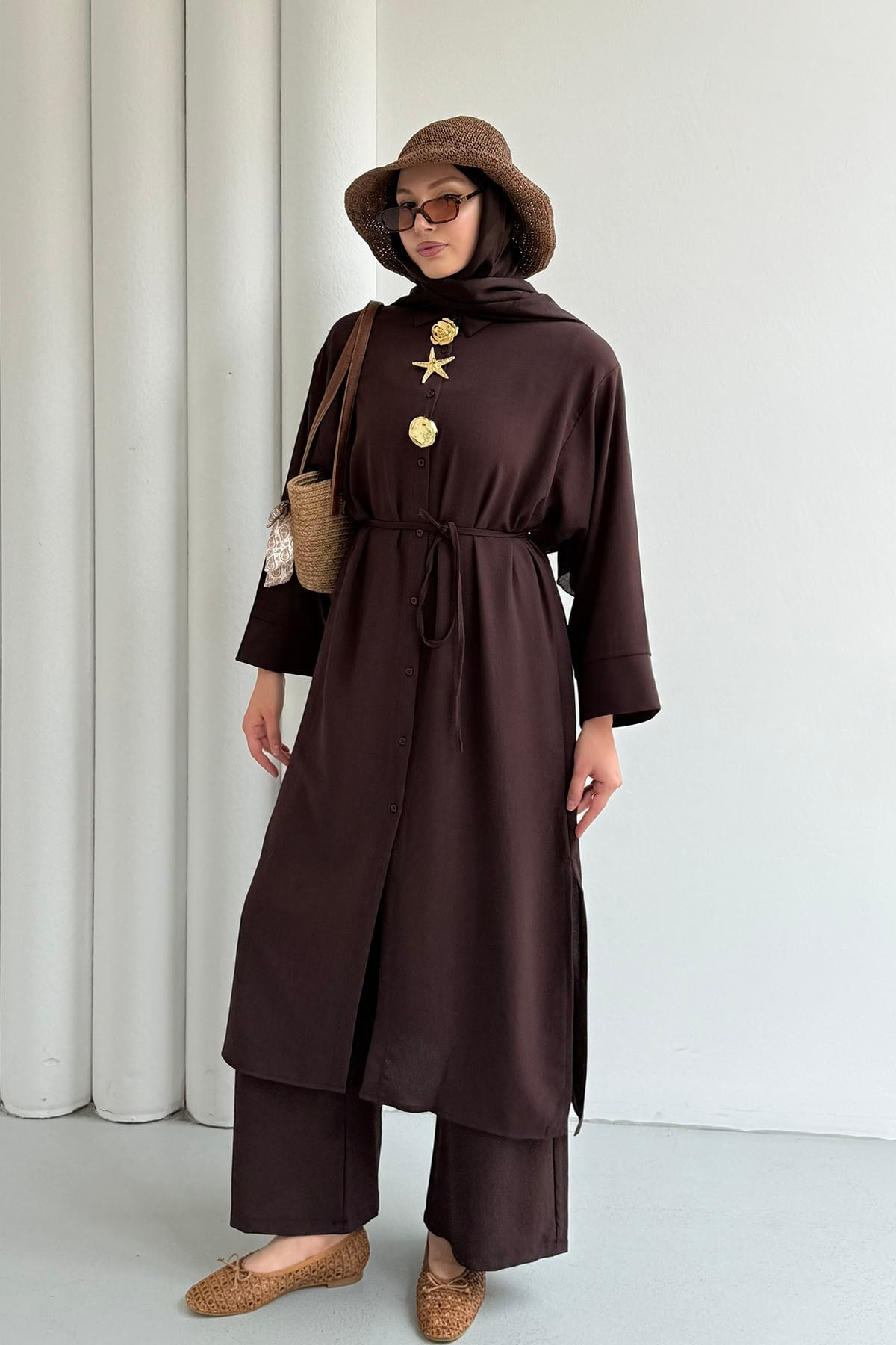 Boydan Düğmeli Tunik Pantolon Tesettür Takım-KAHVERENGİ