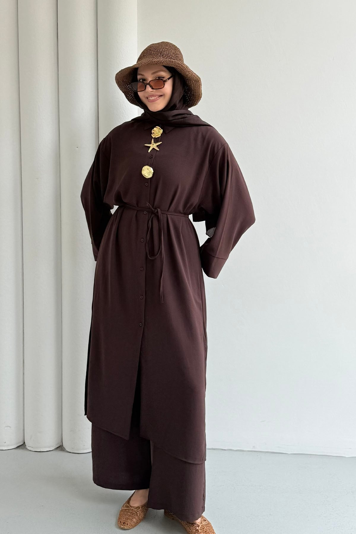 Boydan Düğmeli Tunik Pantolon Tesettür Takım-KAHVERENGİ