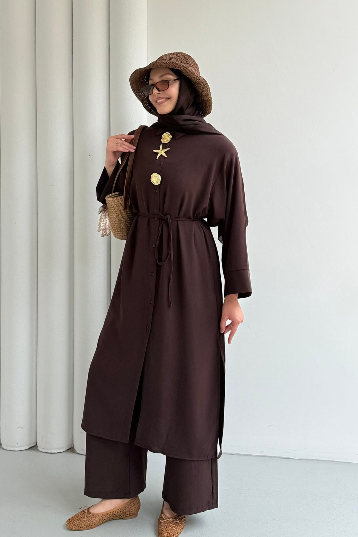 Boydan Düğmeli Tunik Pantolon Tesettür Takım-KAHVERENGİ