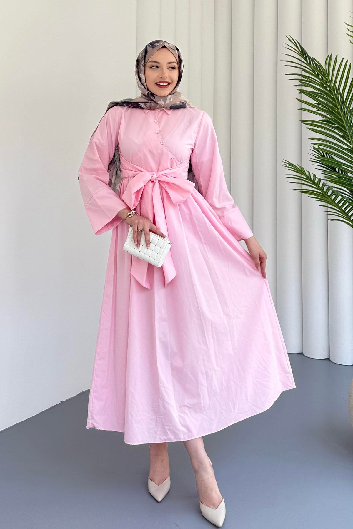 Çapraz Düğme Detaylı Bağlamalı Poplin Tesettür Elbise-PEMBE