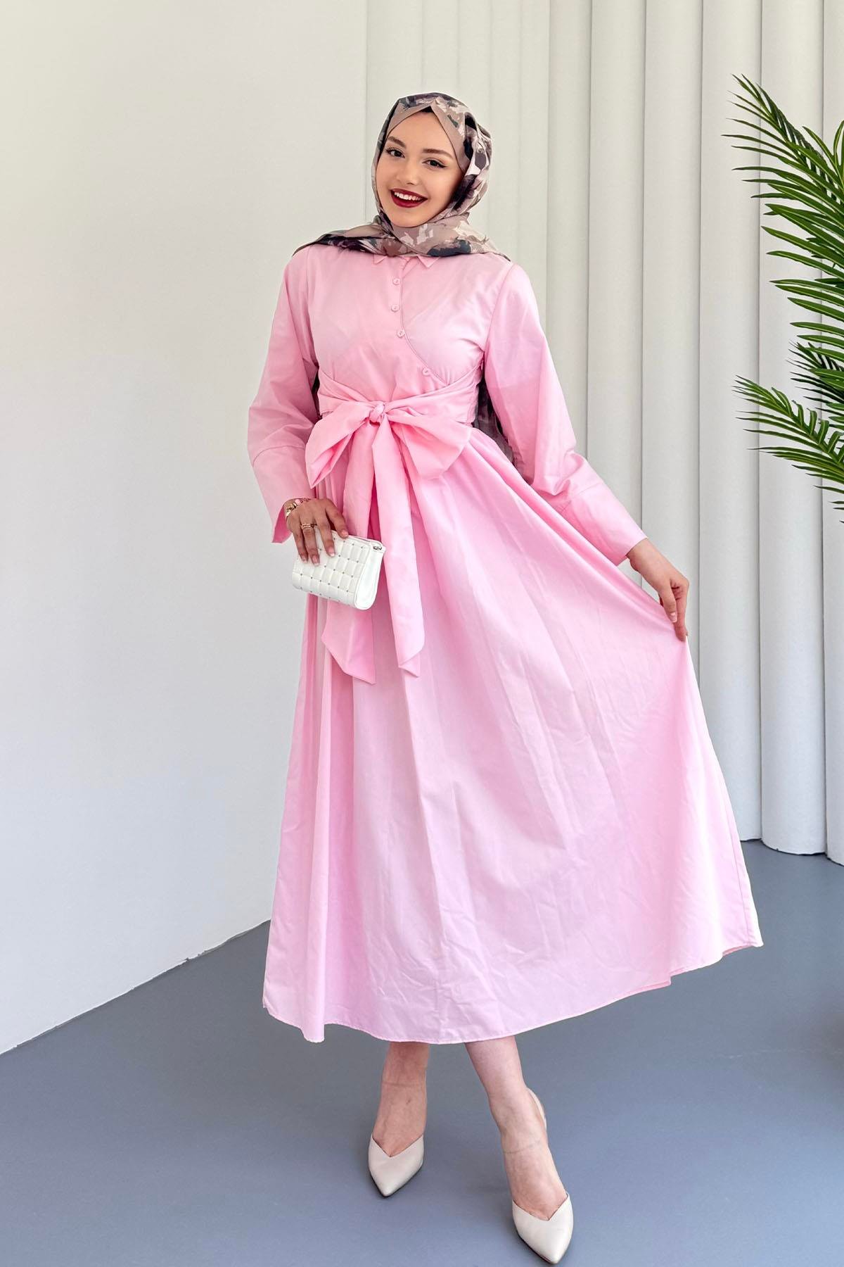 Çapraz Düğme Detaylı Bağlamalı Poplin Tesettür Elbise-PEMBE