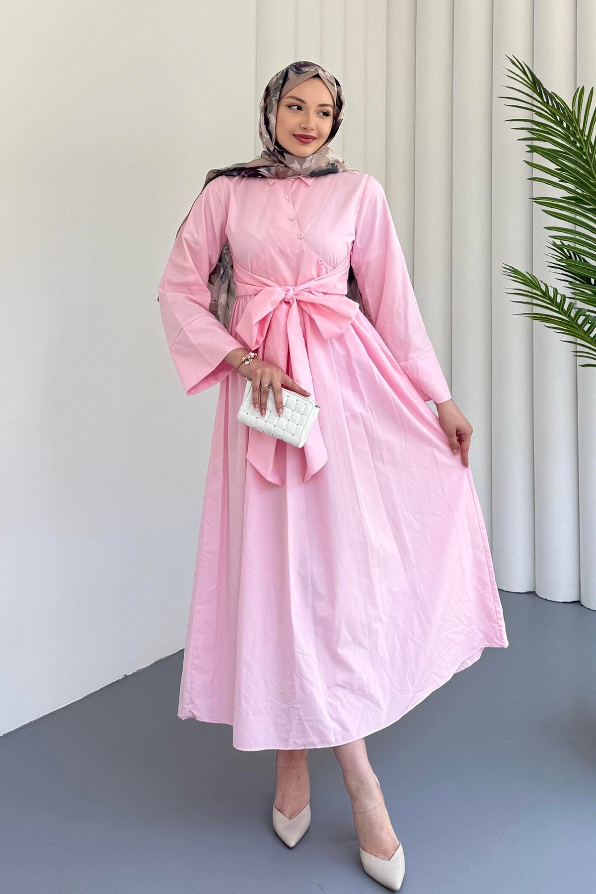 Çapraz Düğme Detaylı Bağlamalı Poplin Tesettür Elbise-PEMBE
