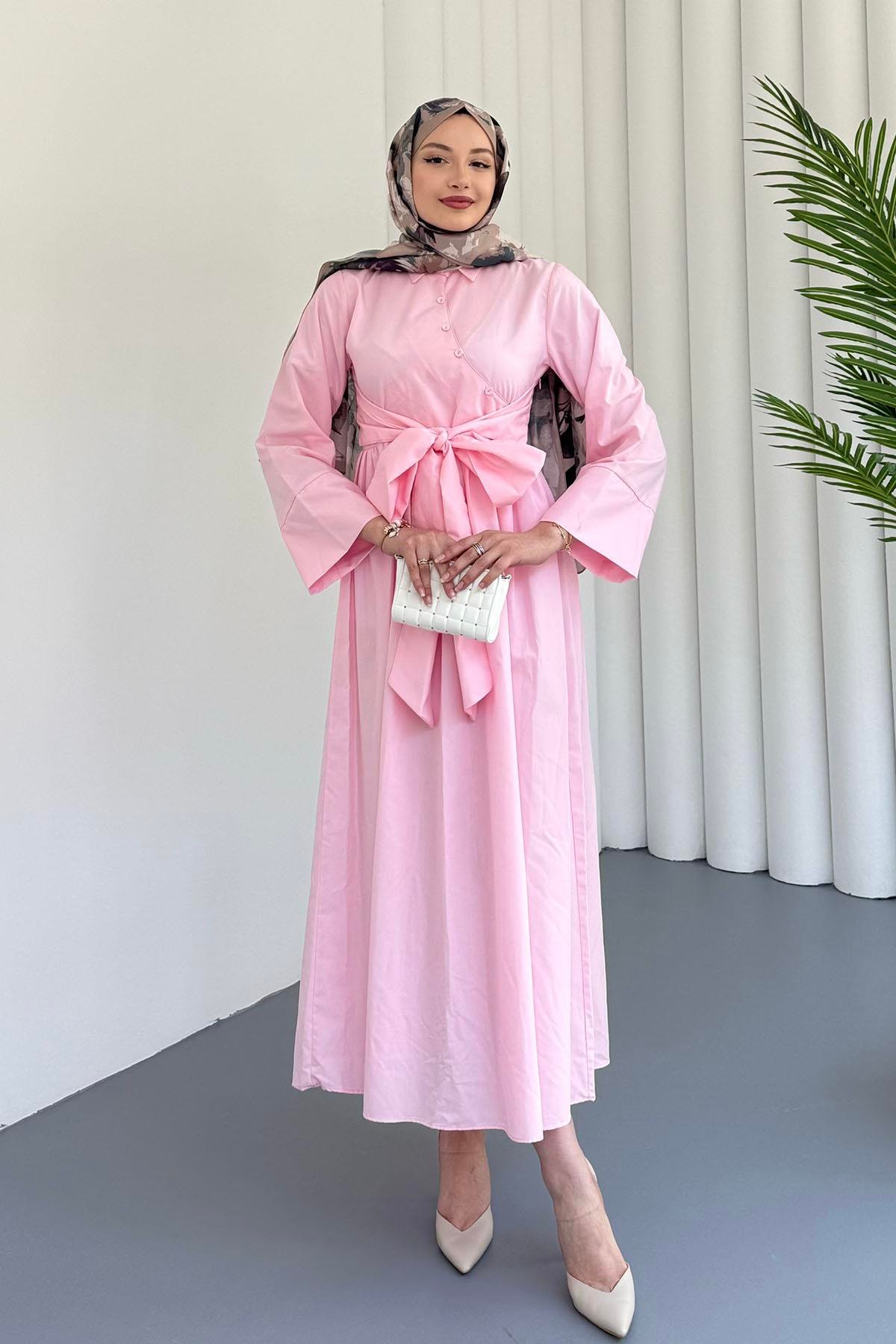 Çapraz Düğme Detaylı Bağlamalı Poplin Tesettür Elbise-PEMBE
