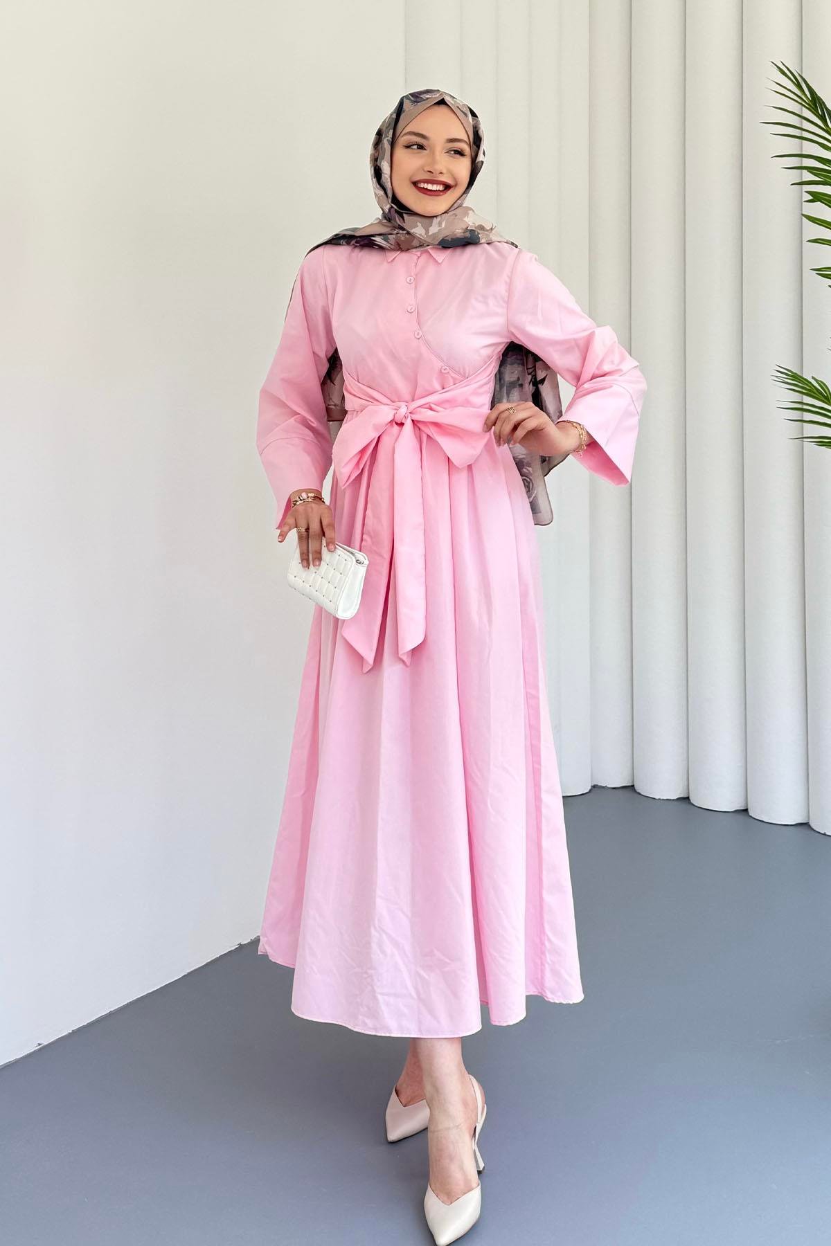 Çapraz Düğme Detaylı Bağlamalı Poplin Tesettür Elbise-PEMBE