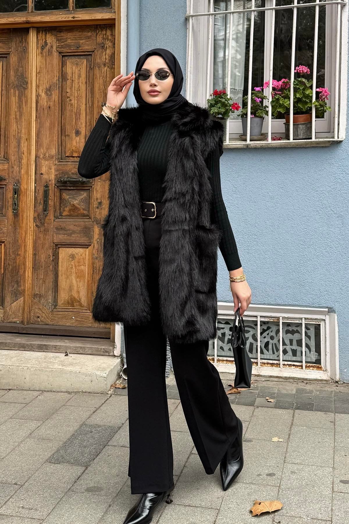 Cepli Astarlı Premium Kürk Yelek-SİYAH