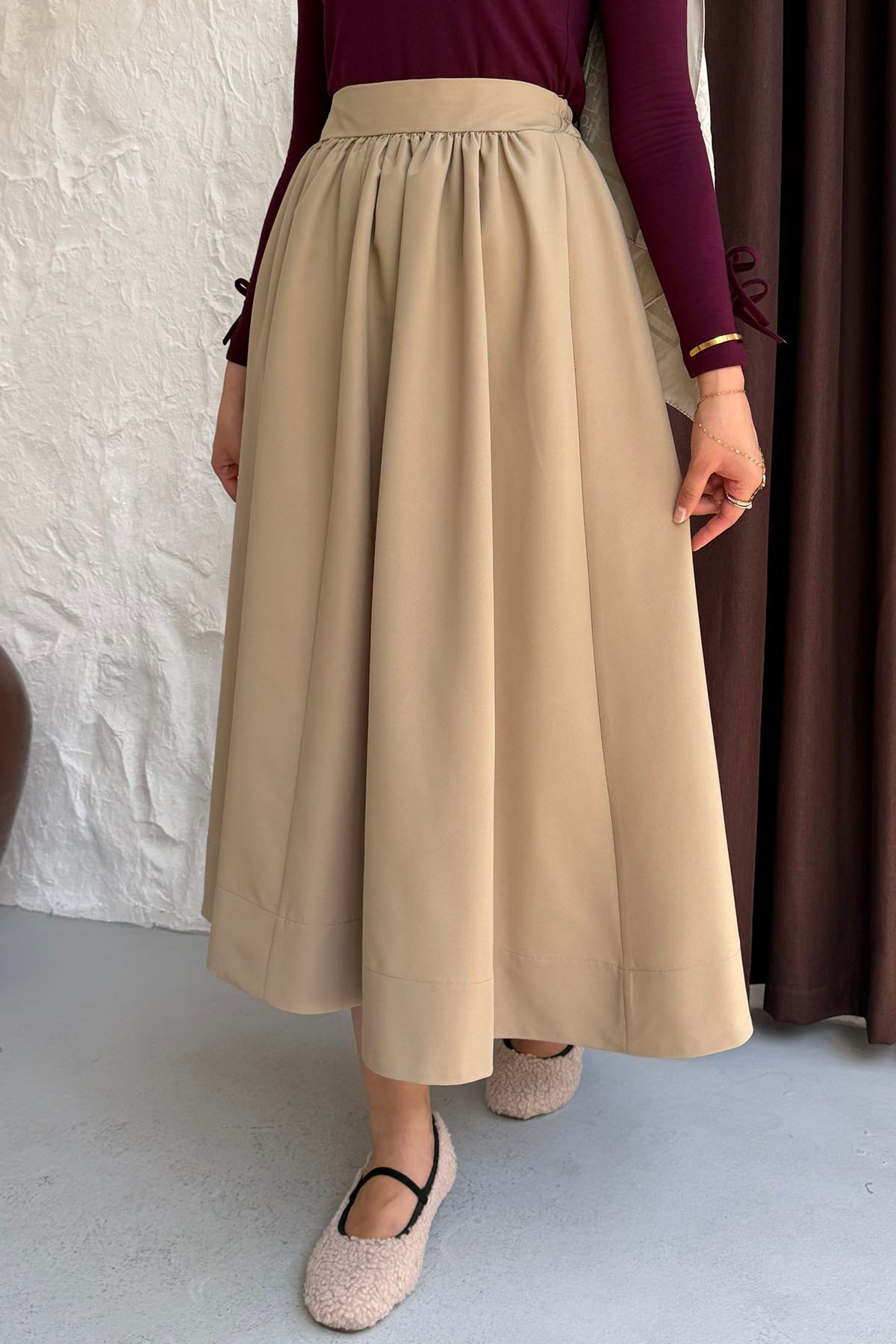 Cepli Beli Yarım Lastikli Gabardin Etek-CAMEL