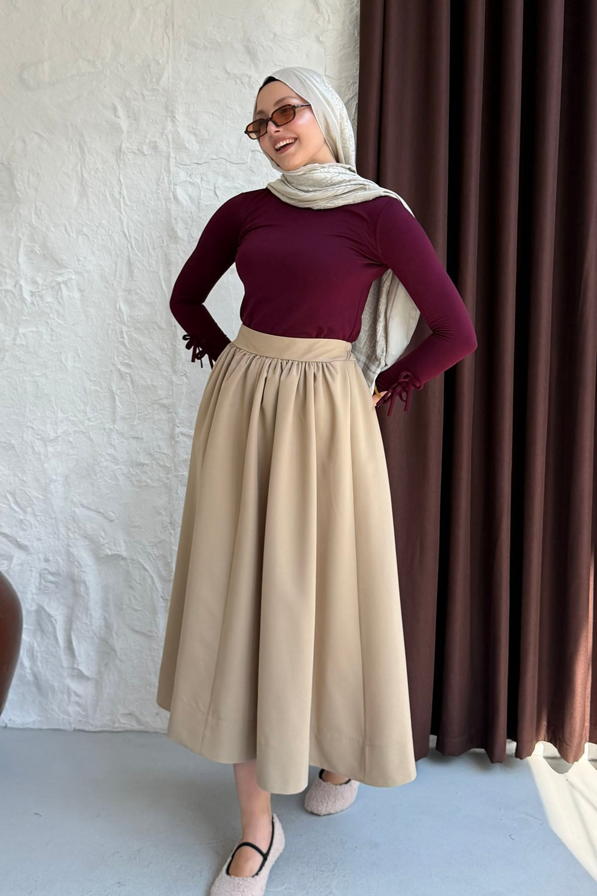 Cepli Beli Yarım Lastikli Gabardin Etek-CAMEL