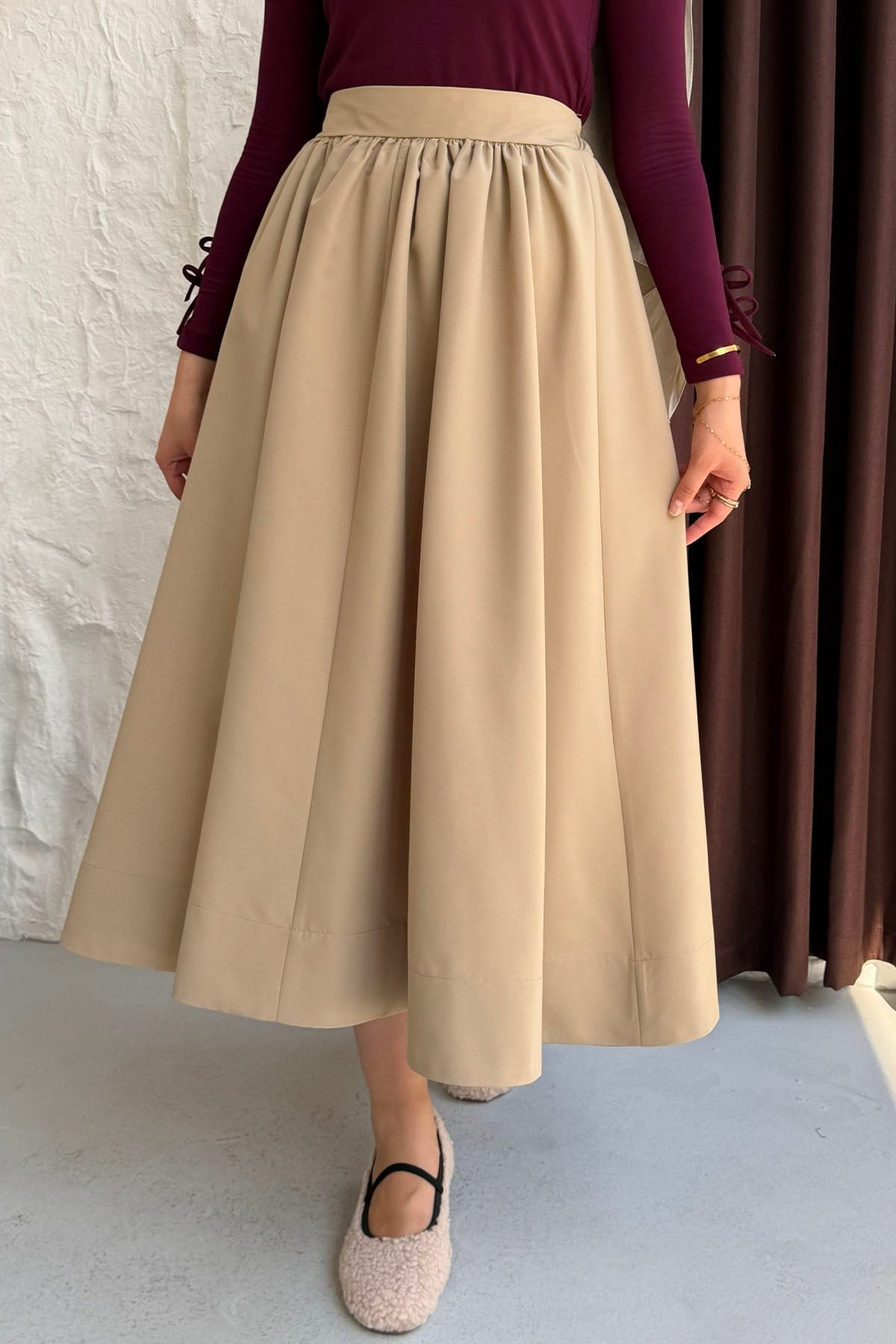 Cepli Beli Yarım Lastikli Gabardin Etek-CAMEL